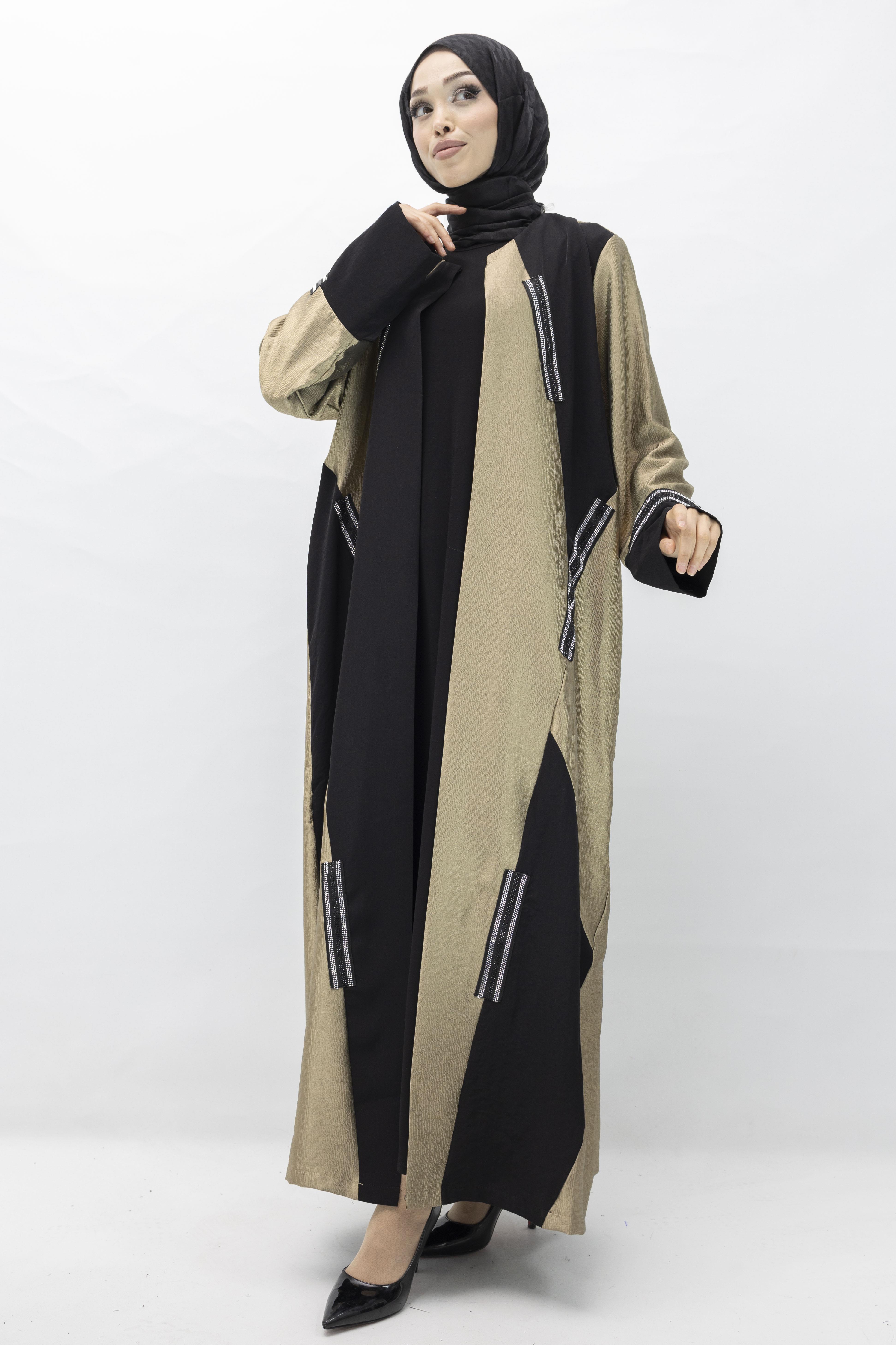 Taş Detaylı Saten Abaya Gold OTW397