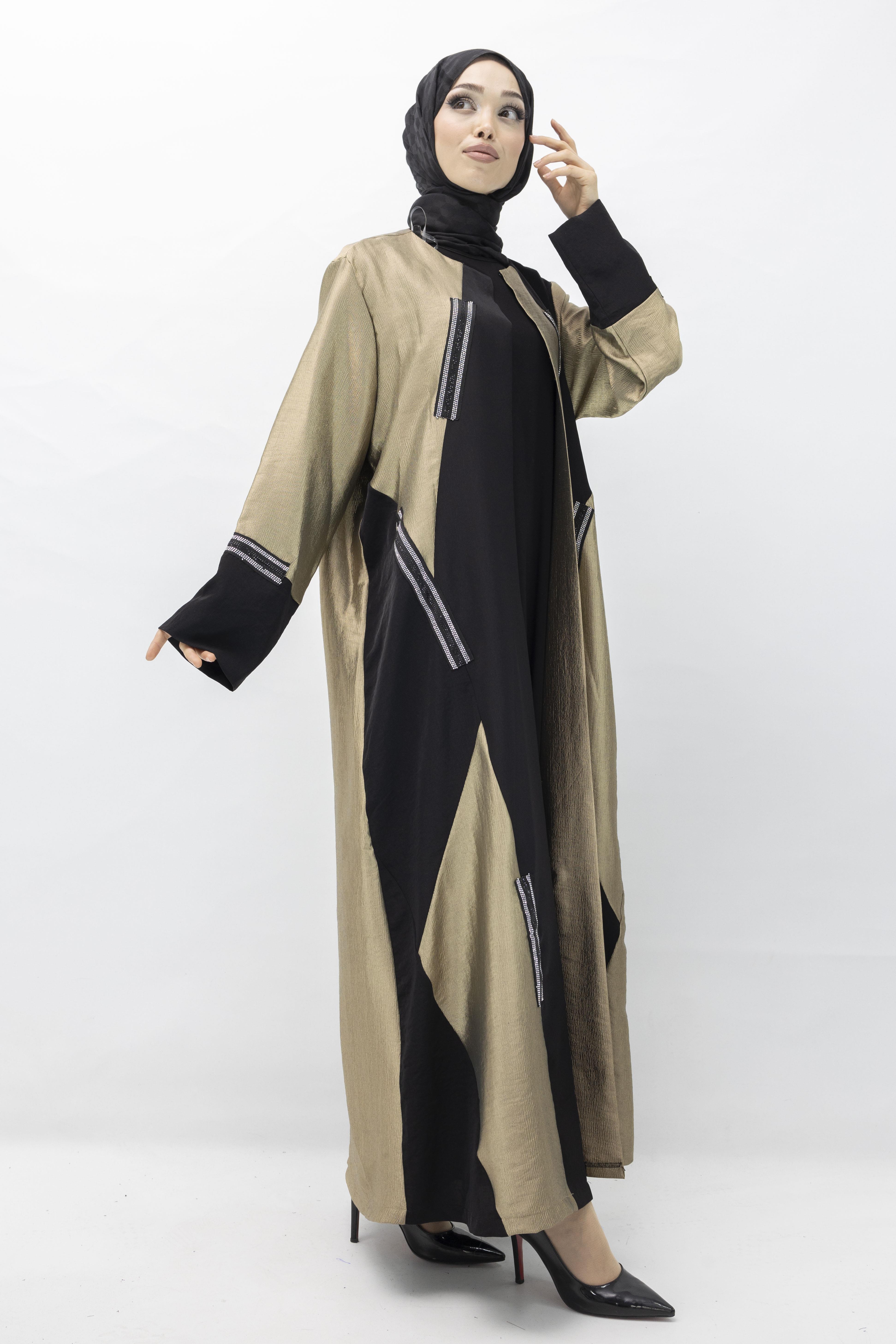 Taş Detaylı Saten Abaya Gold OTW397