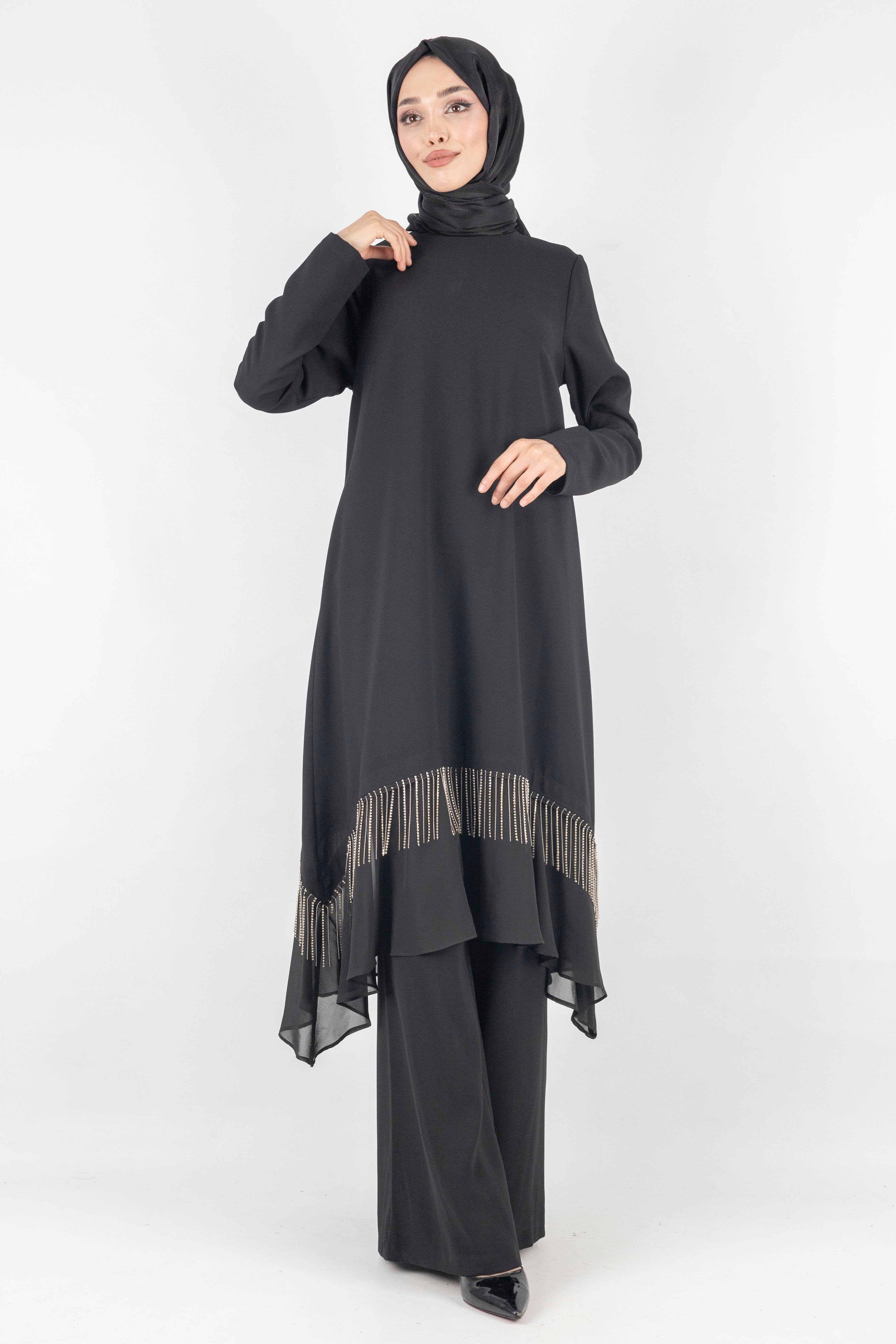 Taş Detaylı Şifon Etek Uçlu Siyah Takım Siyah OTW6737
