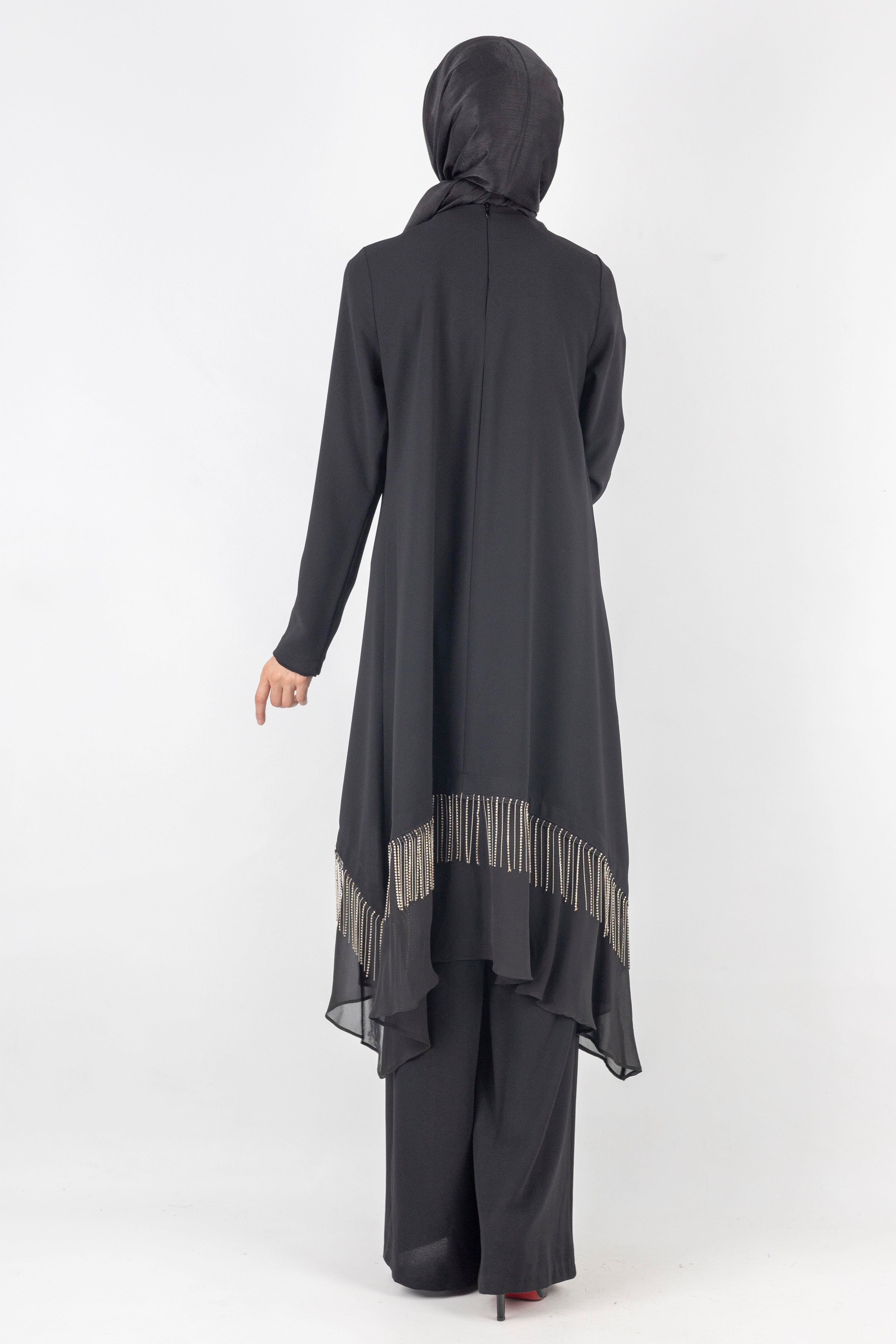 Taş Detaylı Şifon Etek Uçlu Siyah Takım Siyah OTW6737