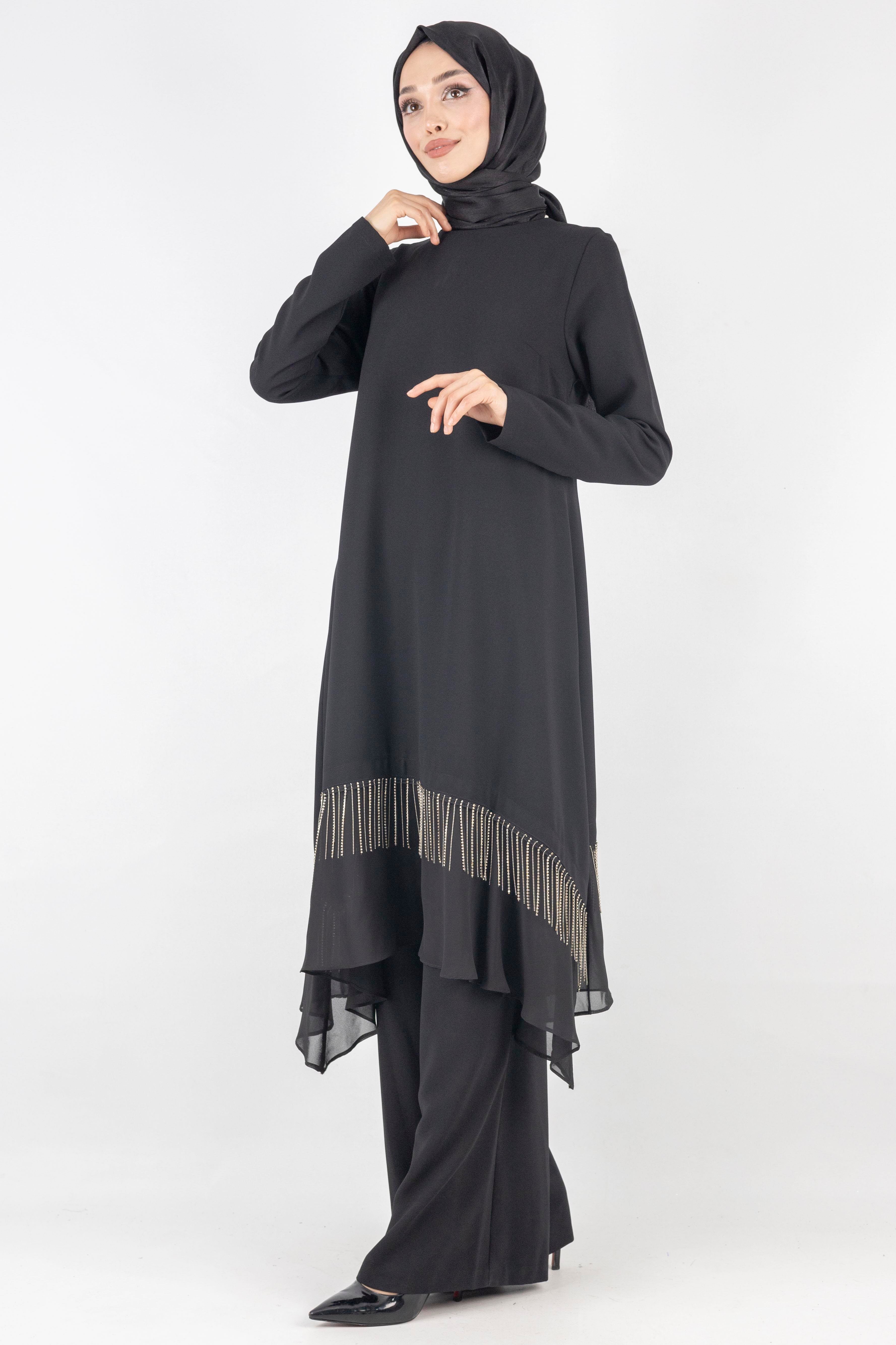 Taş Detaylı Şifon Etek Uçlu Siyah Takım Siyah OTW6737