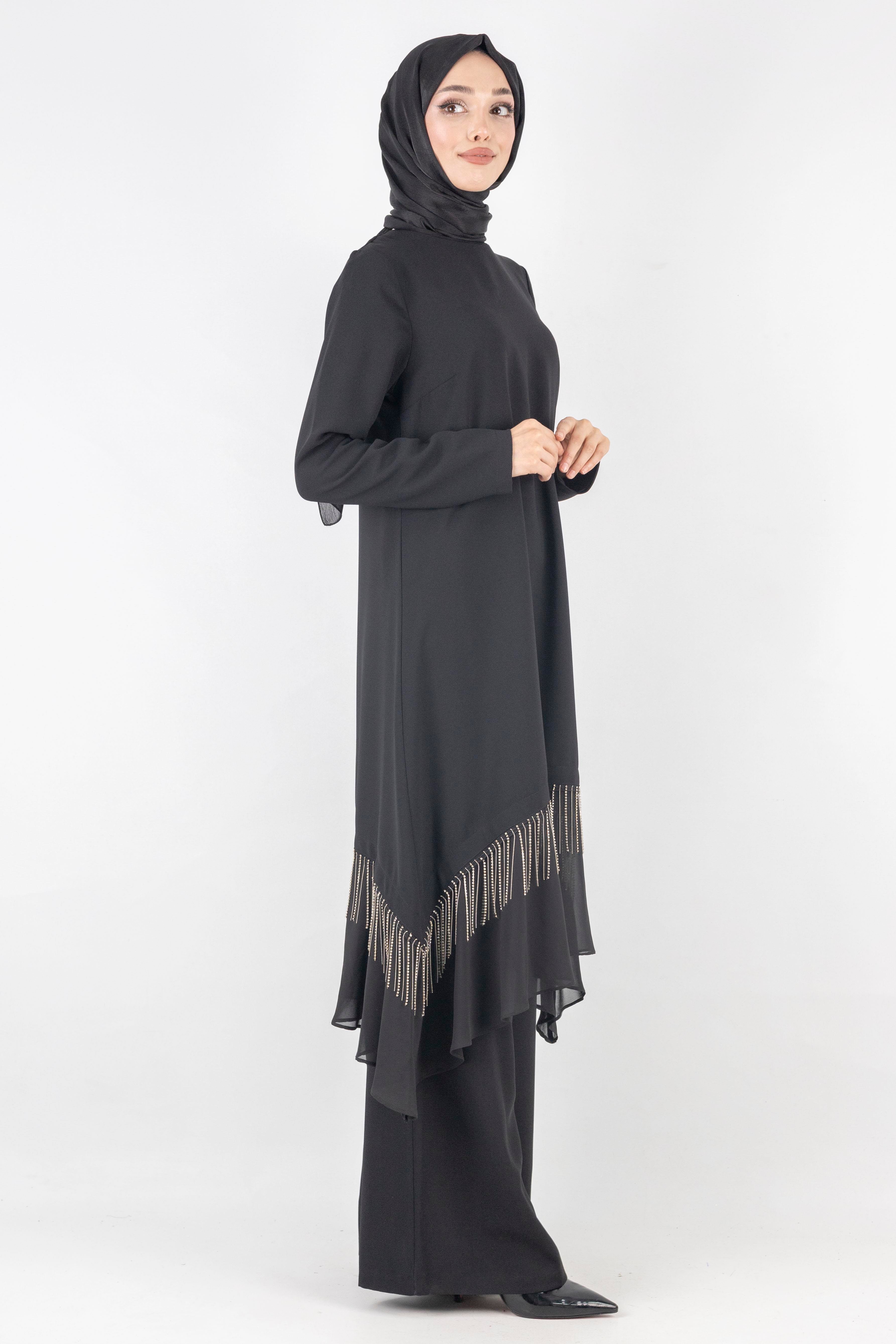 Taş Detaylı Şifon Etek Uçlu Siyah Takım Siyah OTW6737