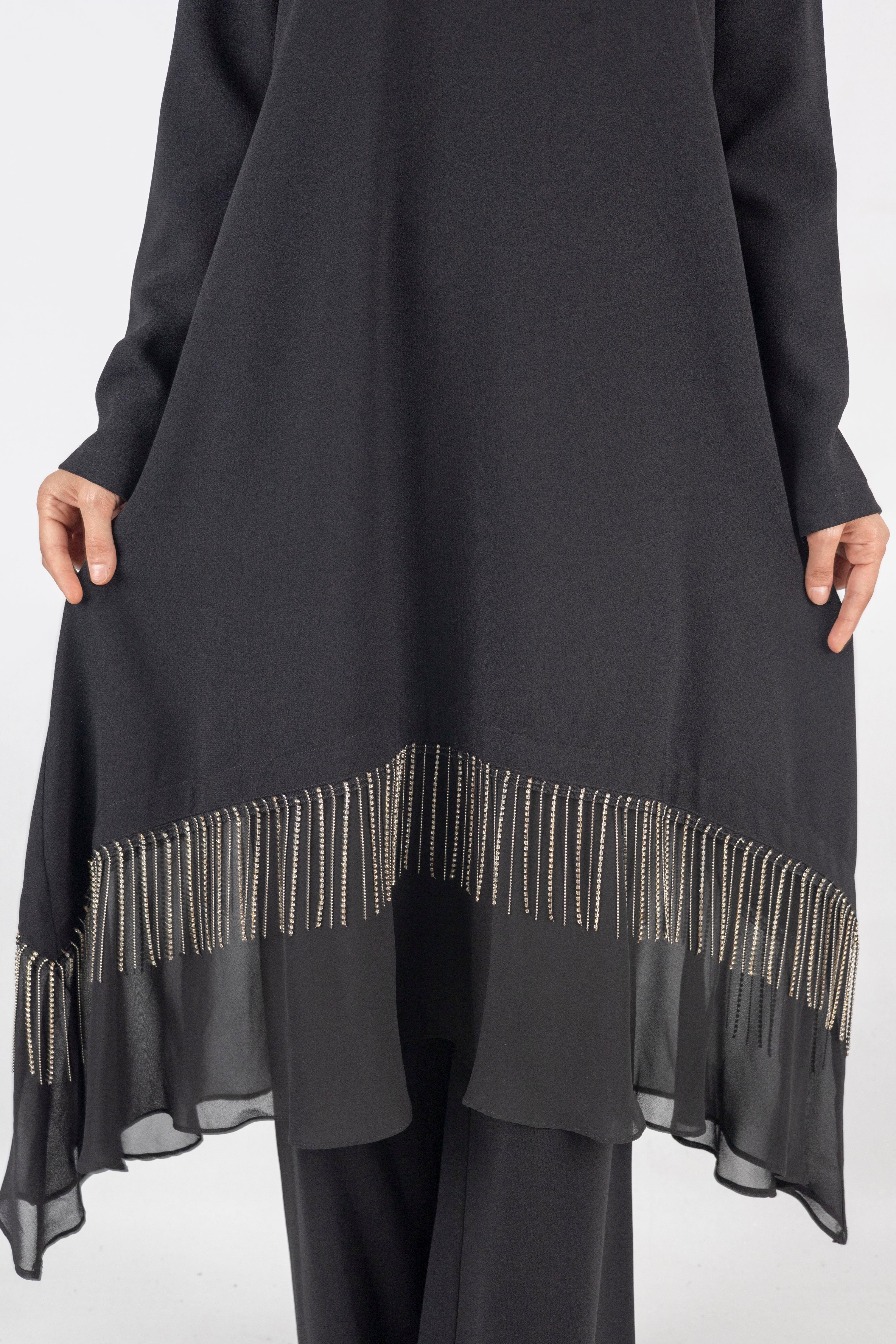 Taş Detaylı Şifon Etek Uçlu Siyah Takım Siyah OTW6737