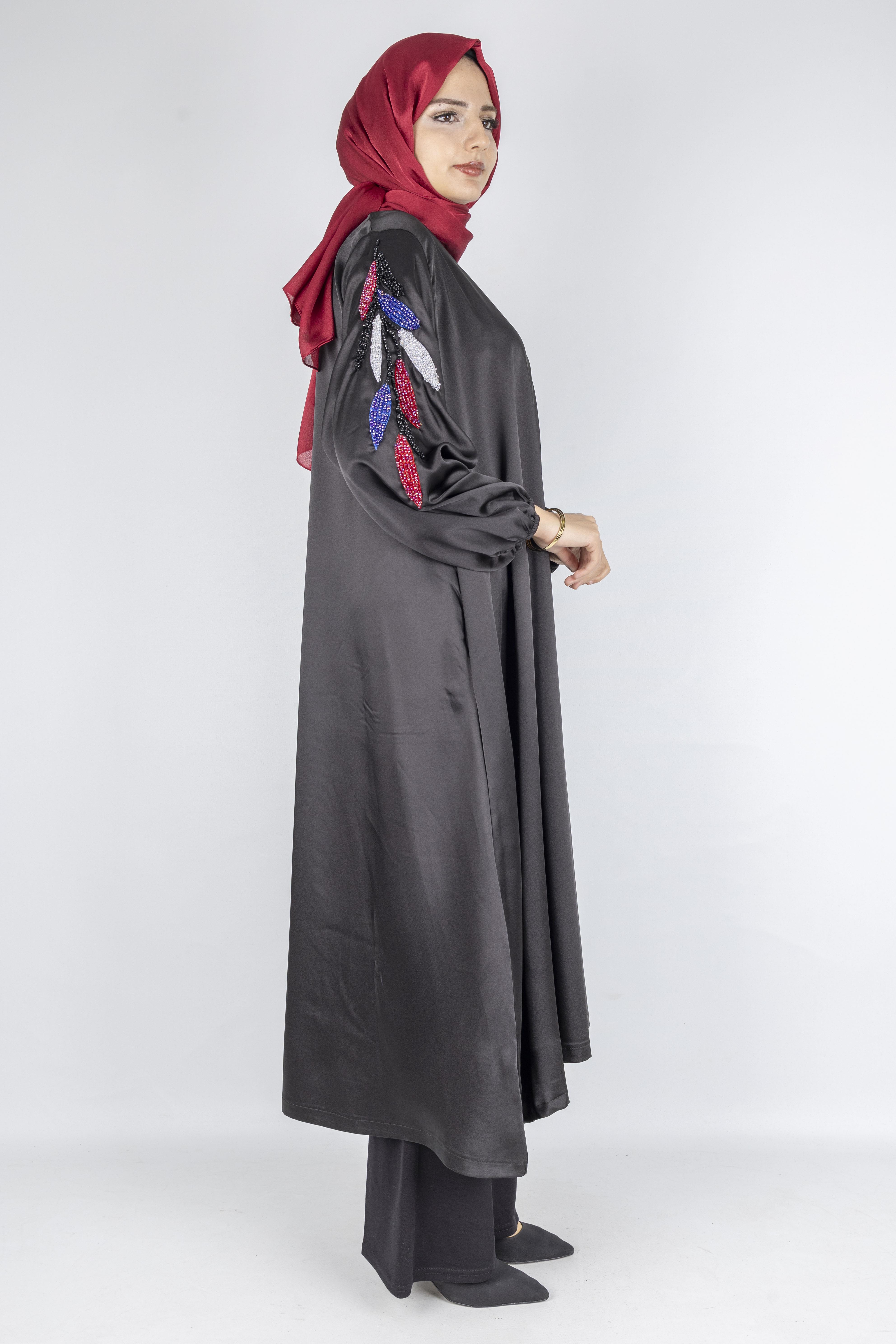 Taş İşlemeli Büyük Beden Saten Elbise Siyah OTW9829