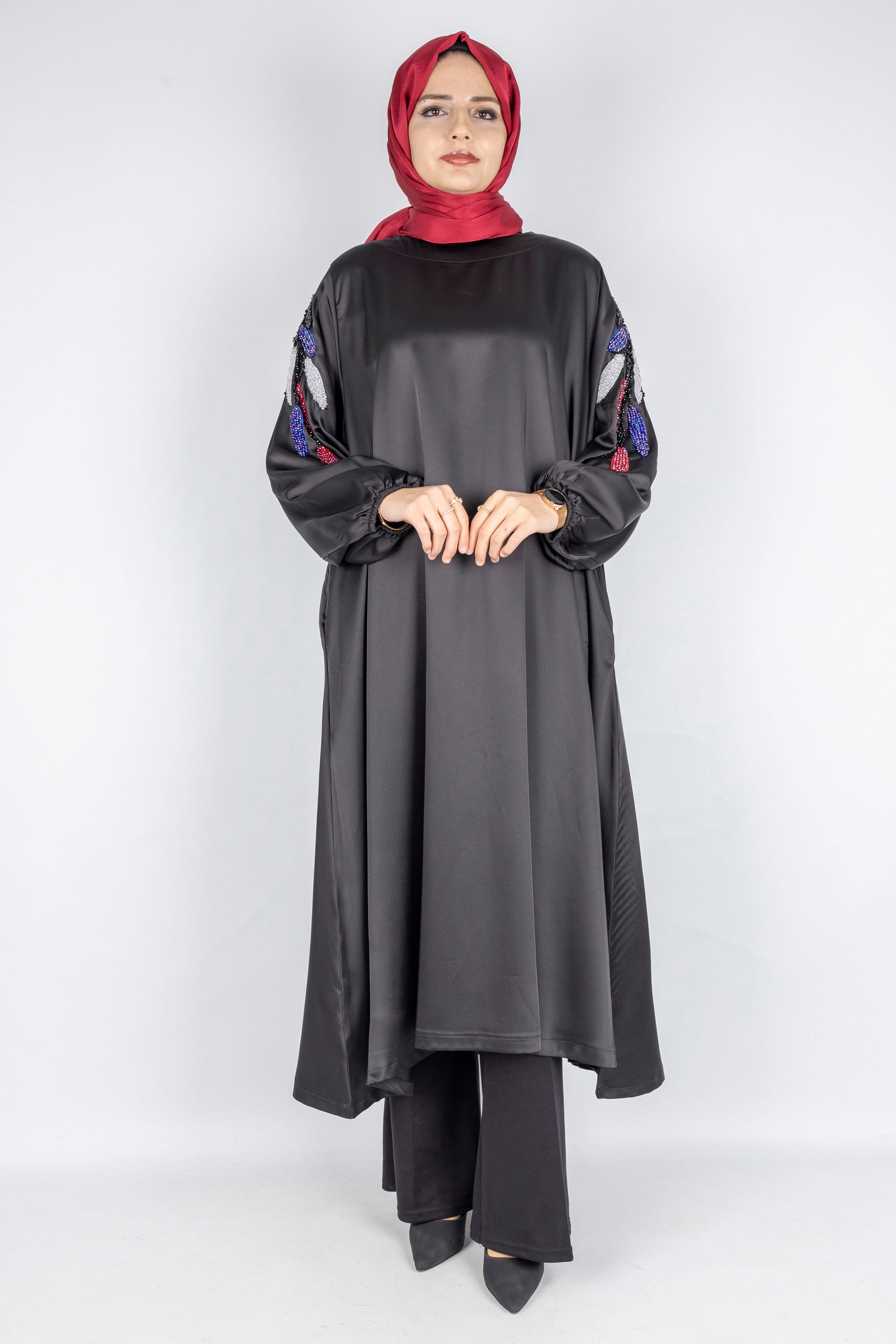 Taş İşlemeli Büyük Beden Saten Elbise Siyah OTW9829