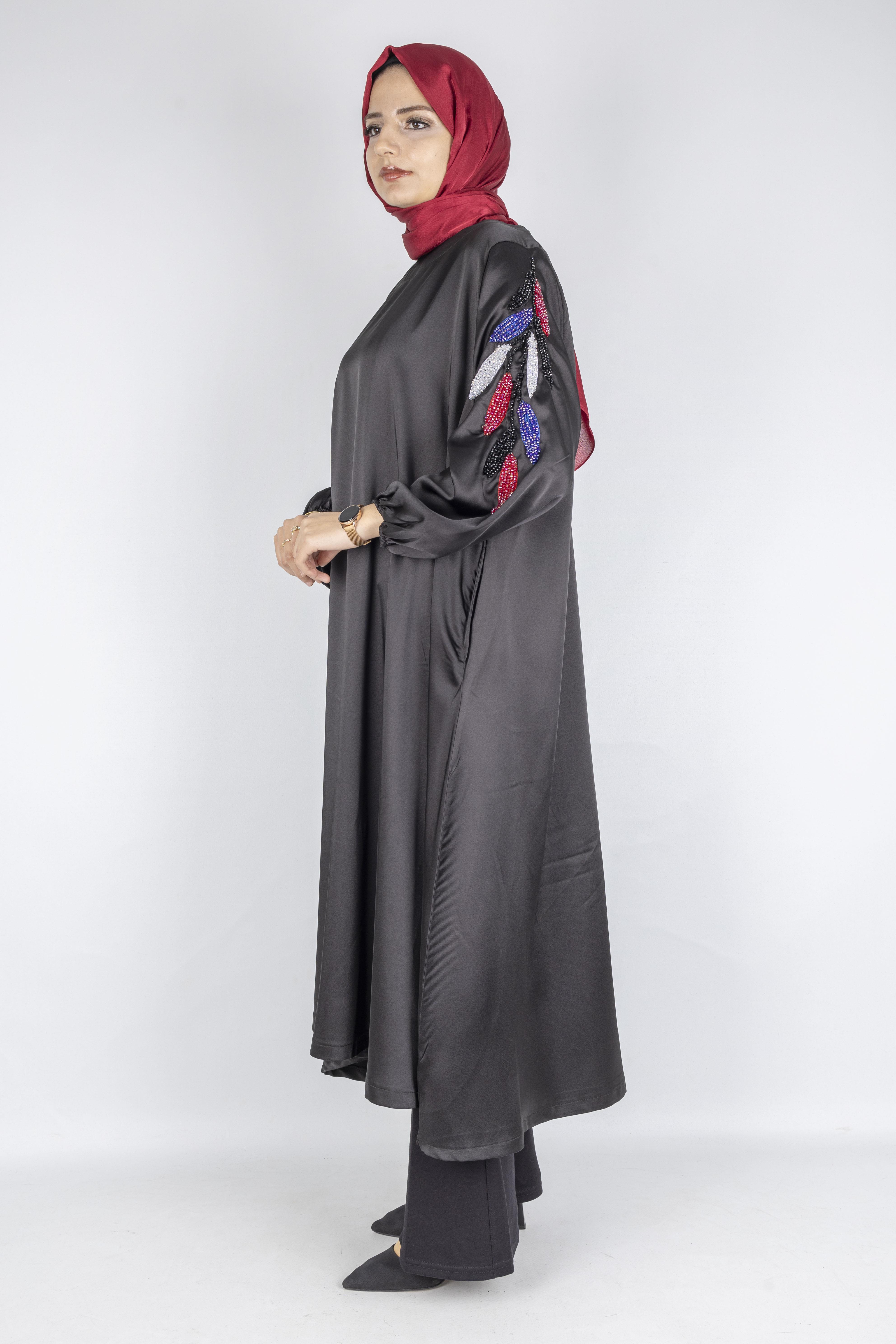 Taş İşlemeli Büyük Beden Saten Elbise Siyah OTW9829