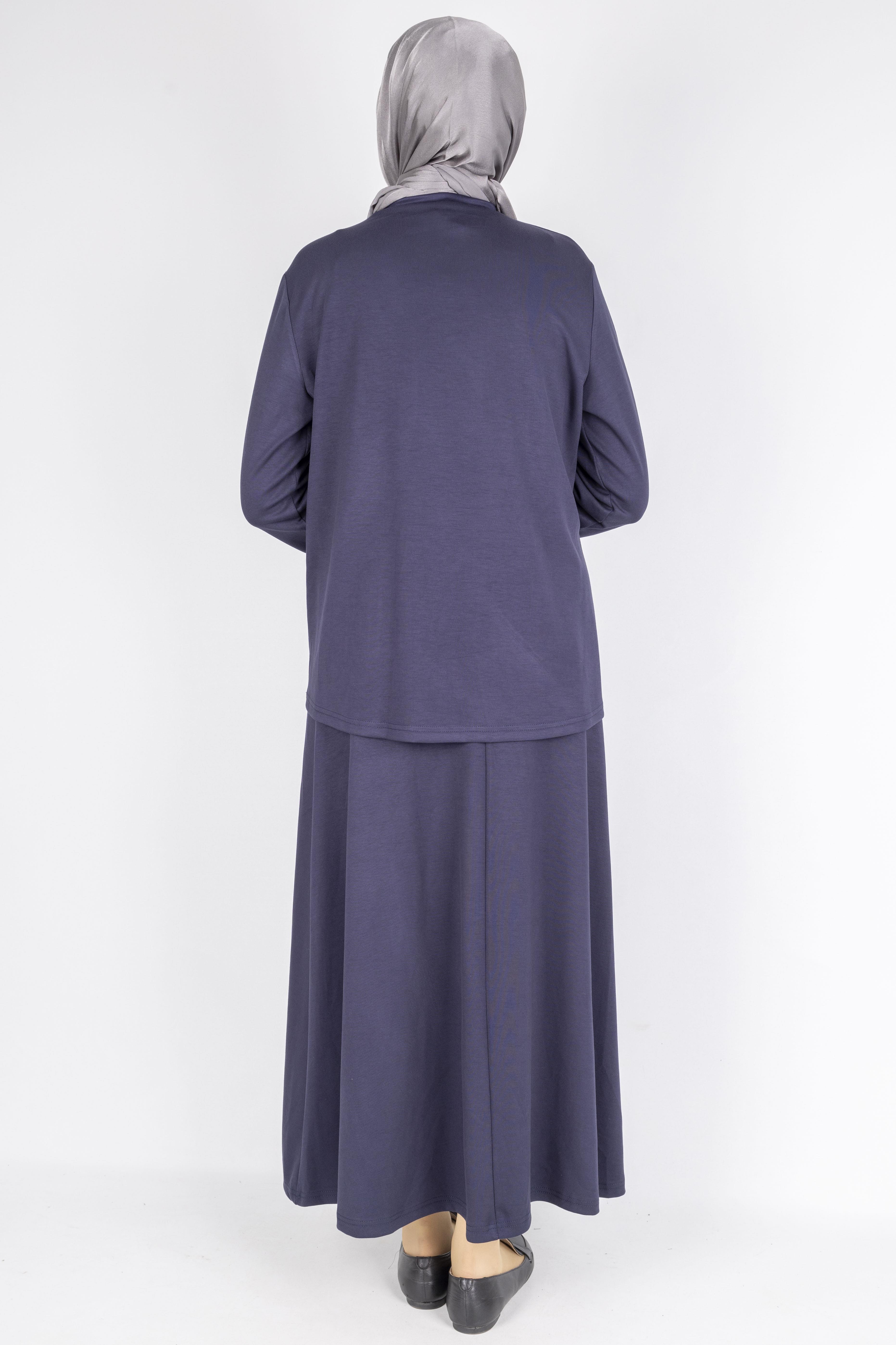 Taş İşlemeli Dantel Detaylı Bluz & Uzun Etek İkili Takım Lacivert OTW310