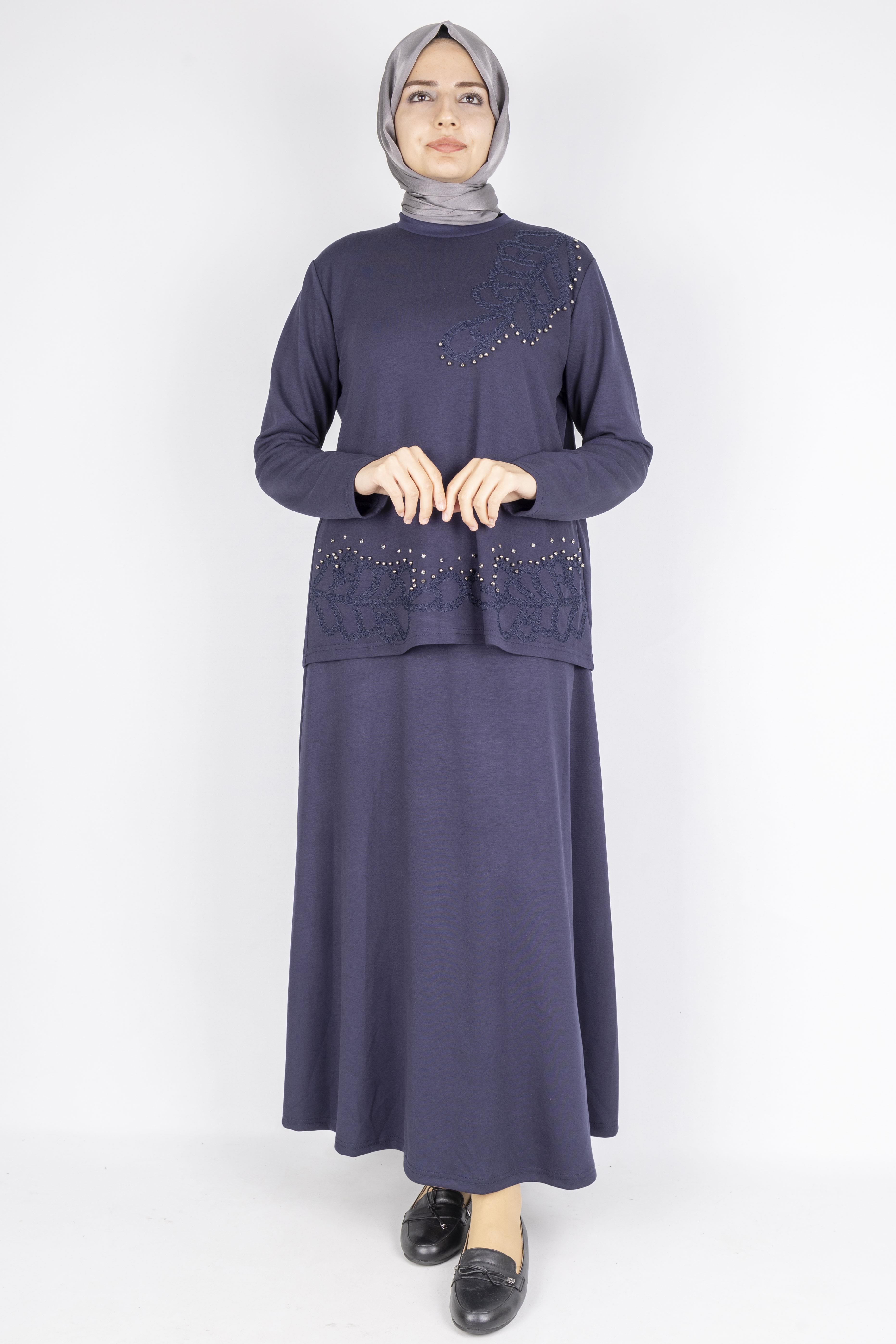 Taş İşlemeli Dantel Detaylı Bluz & Uzun Etek İkili Takım Lacivert OTW310