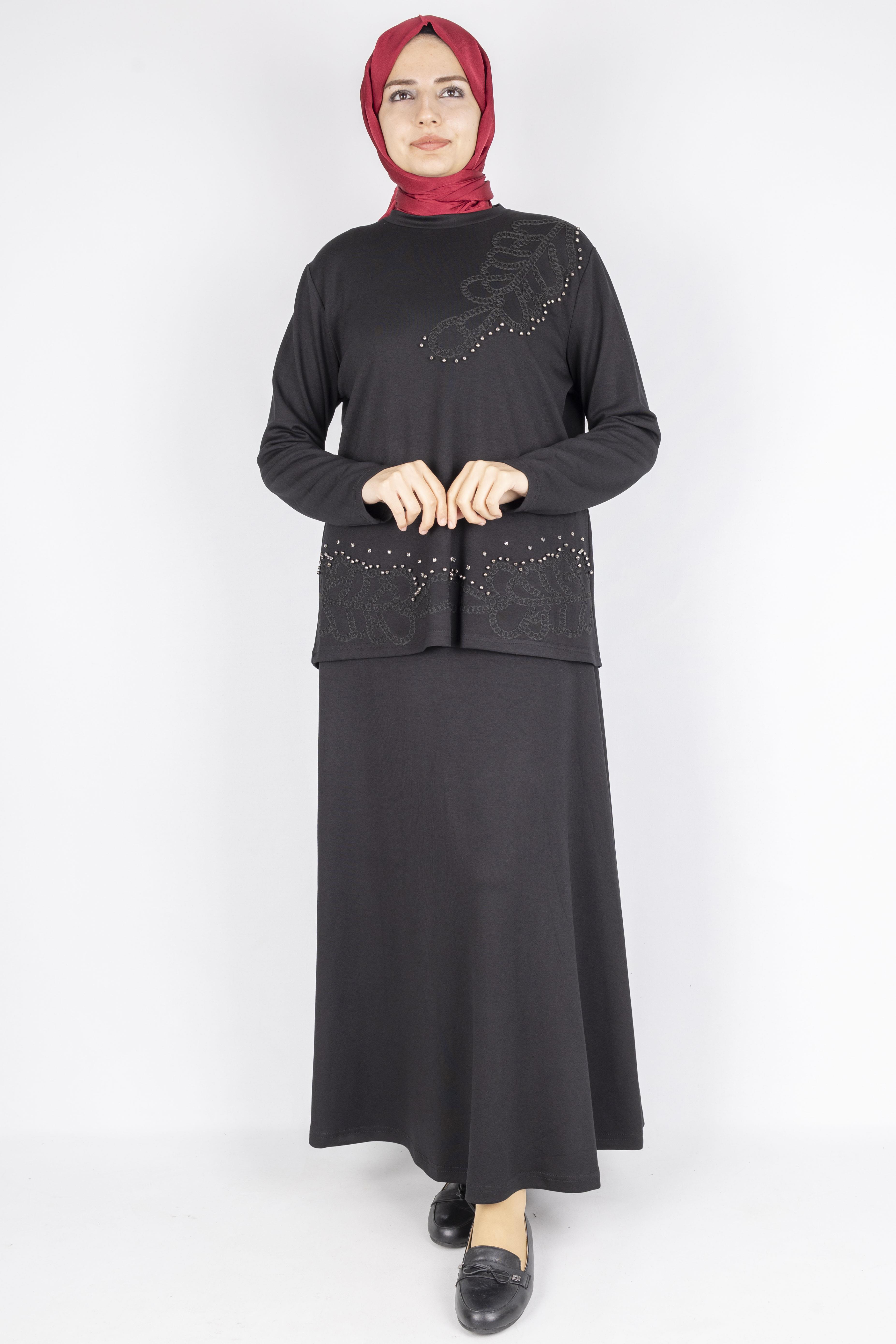 Taş İşlemeli Dantel Detaylı Bluz & Uzun Etek İkili Takım Siyah OTW310