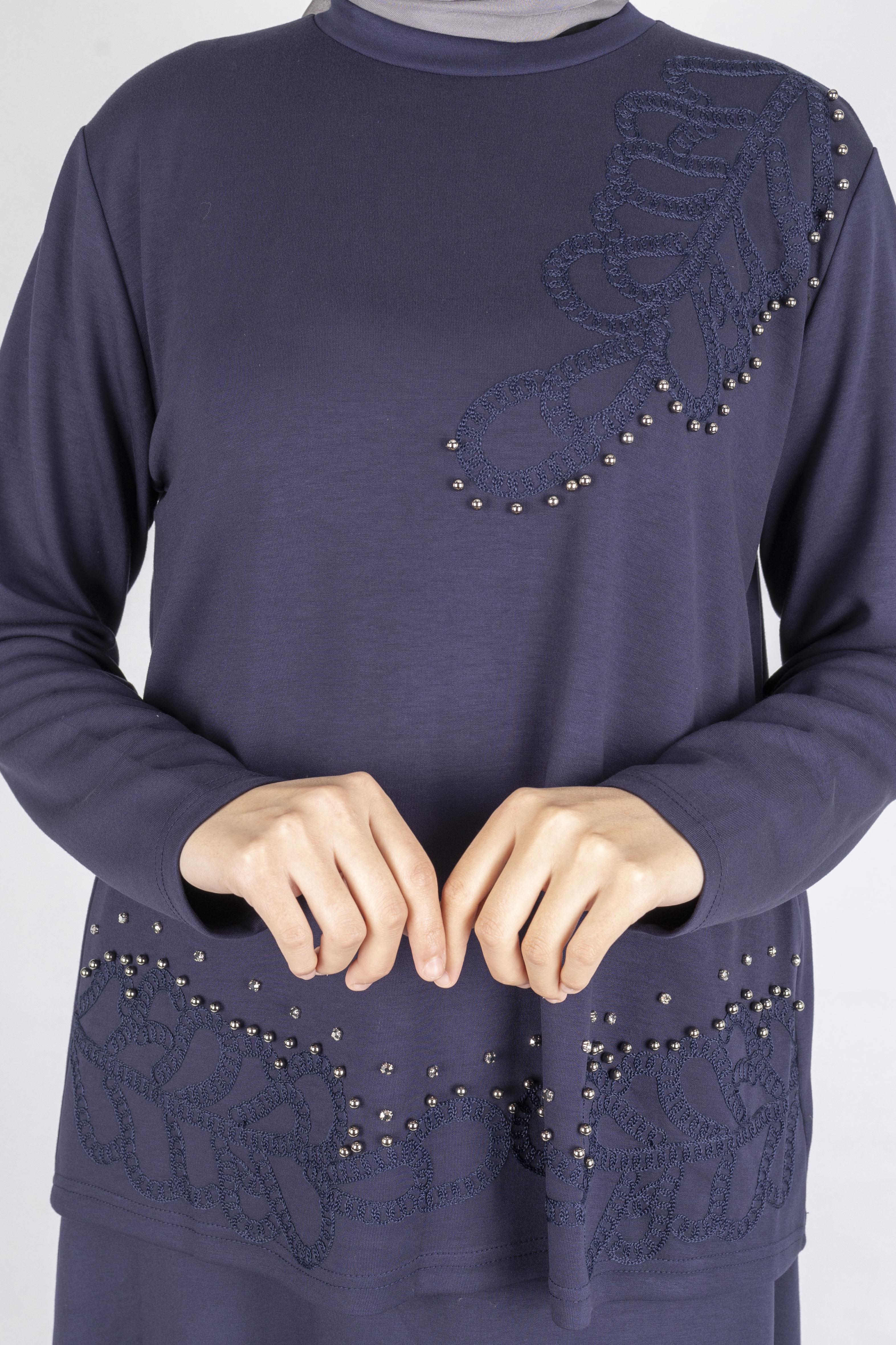 Taş İşlemeli Dantel Detaylı Bluz & Uzun Etek İkili Takım Lacivert OTW310