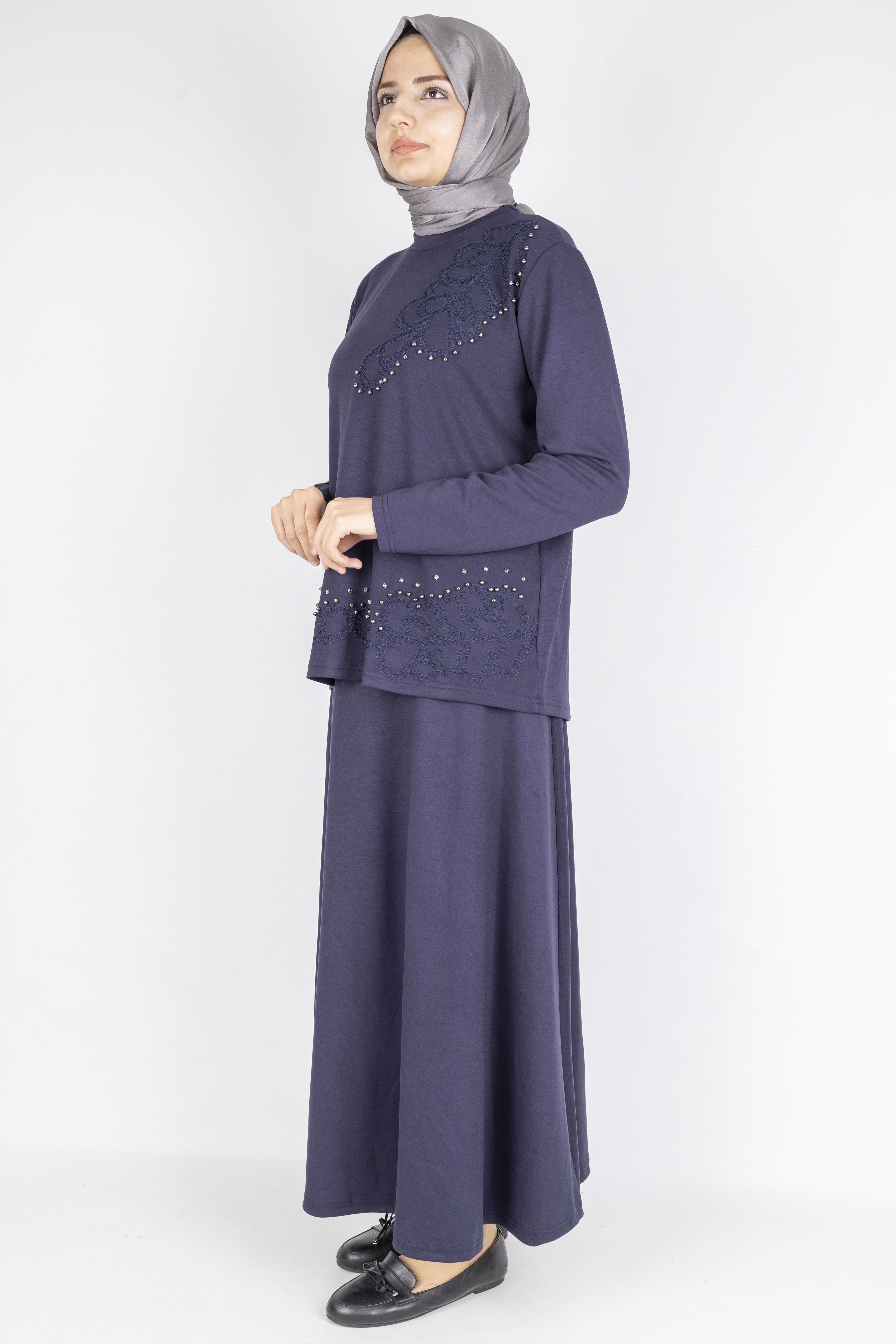 Taş İşlemeli Dantel Detaylı Bluz & Uzun Etek İkili Takım Lacivert OTW310