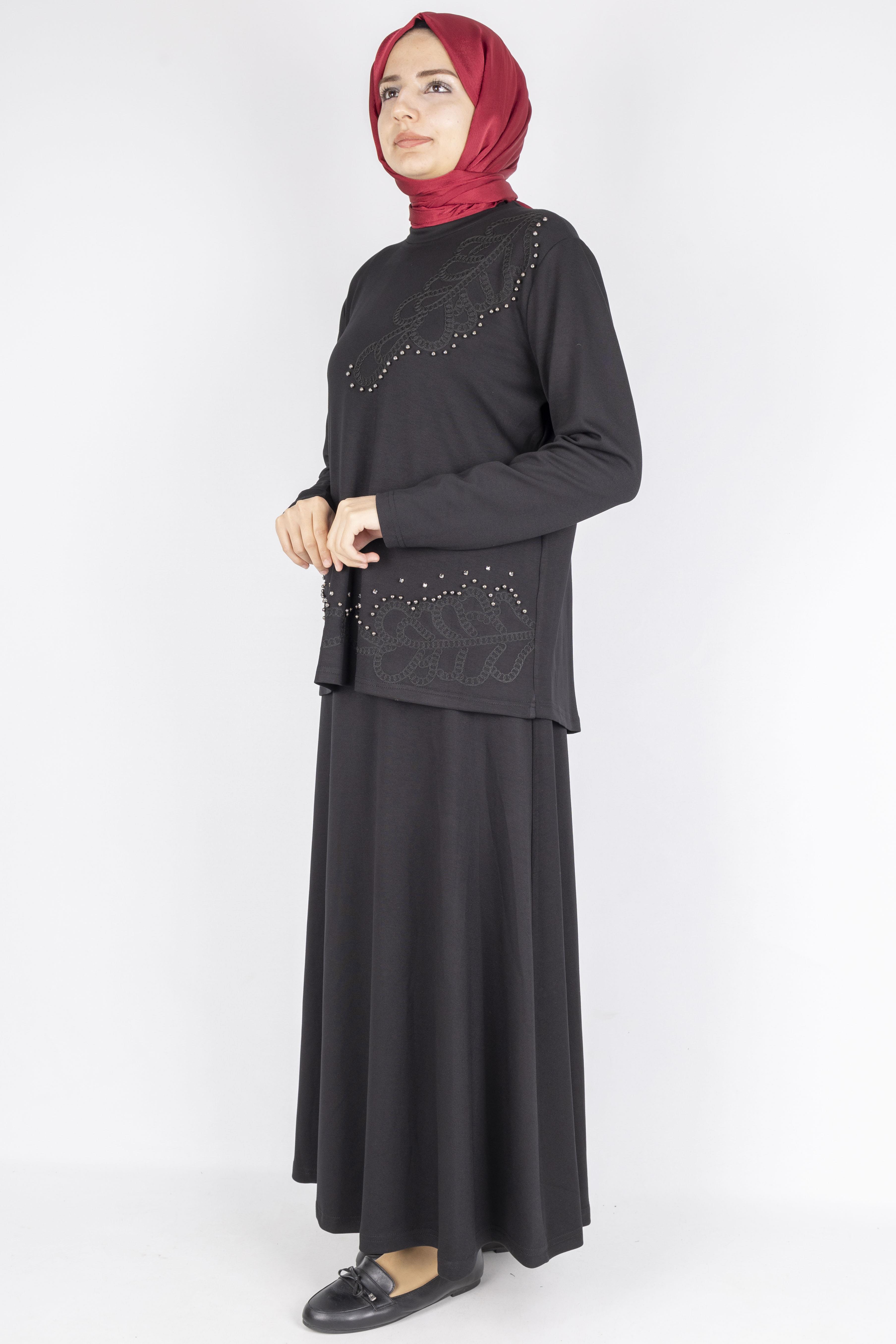 Taş İşlemeli Dantel Detaylı Bluz & Uzun Etek İkili Takım Siyah OTW310