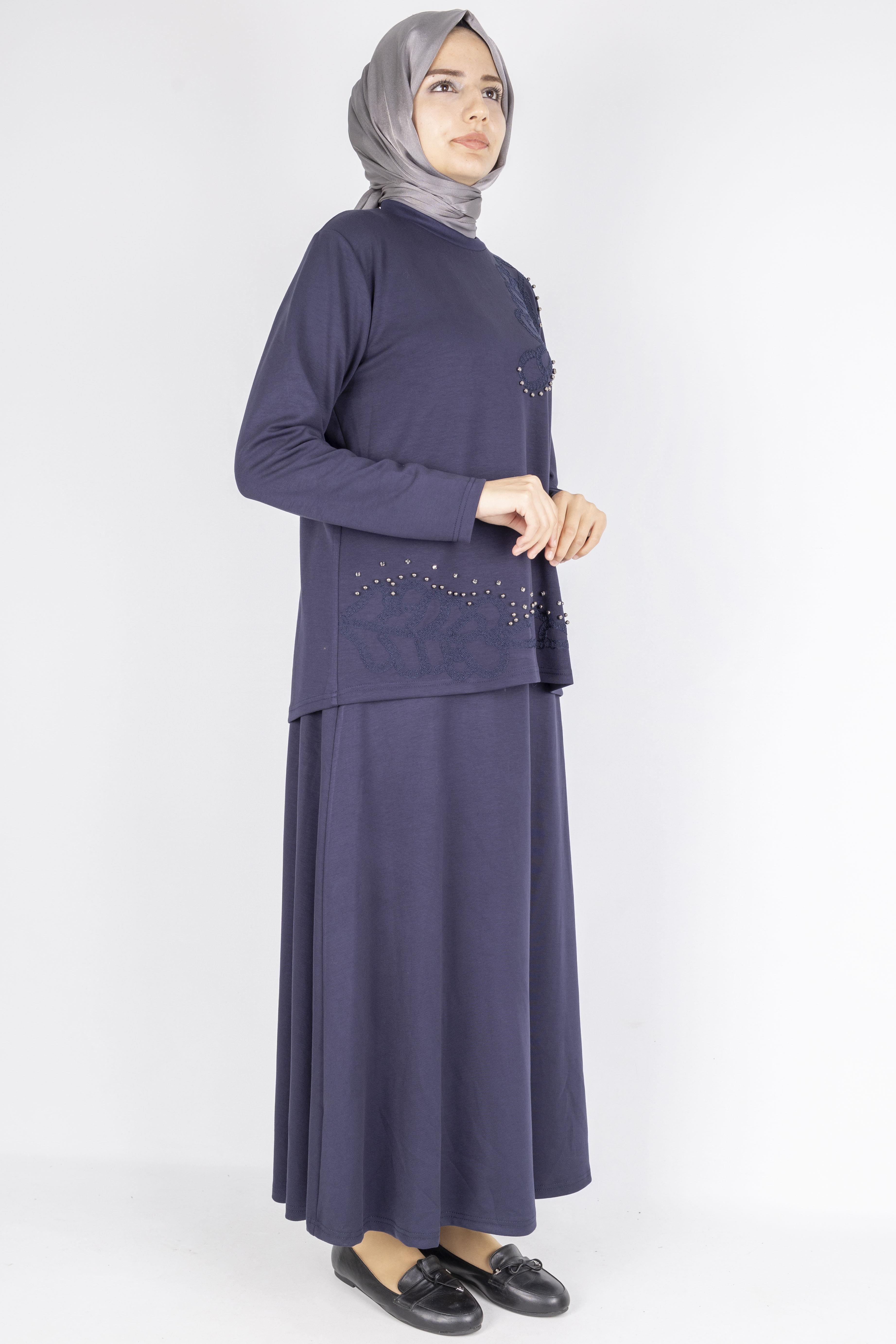 Taş İşlemeli Dantel Detaylı Bluz & Uzun Etek İkili Takım Lacivert OTW310