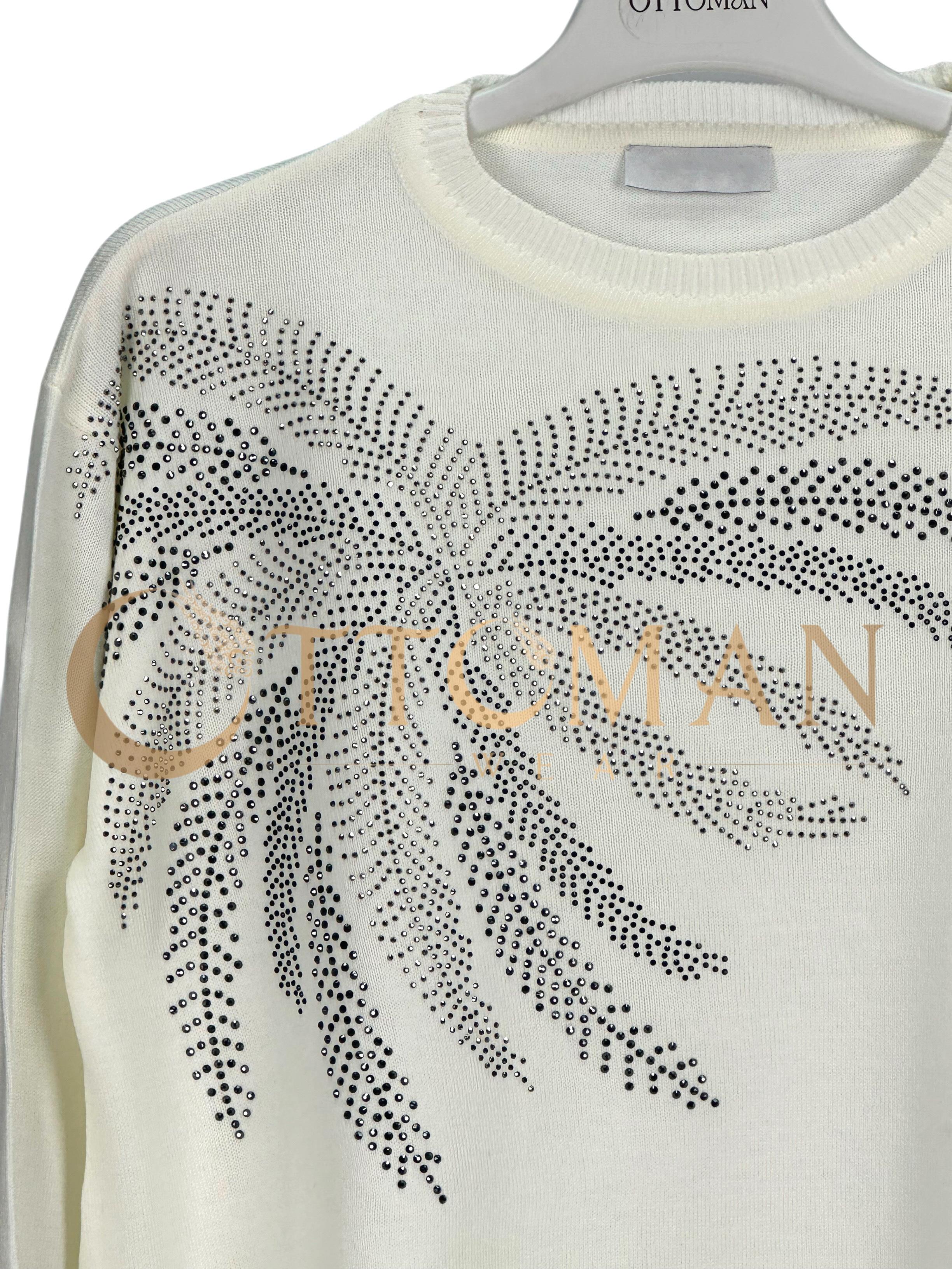 Taş İşlemeli Merserize Triko Tunik Ekru OTW884-1