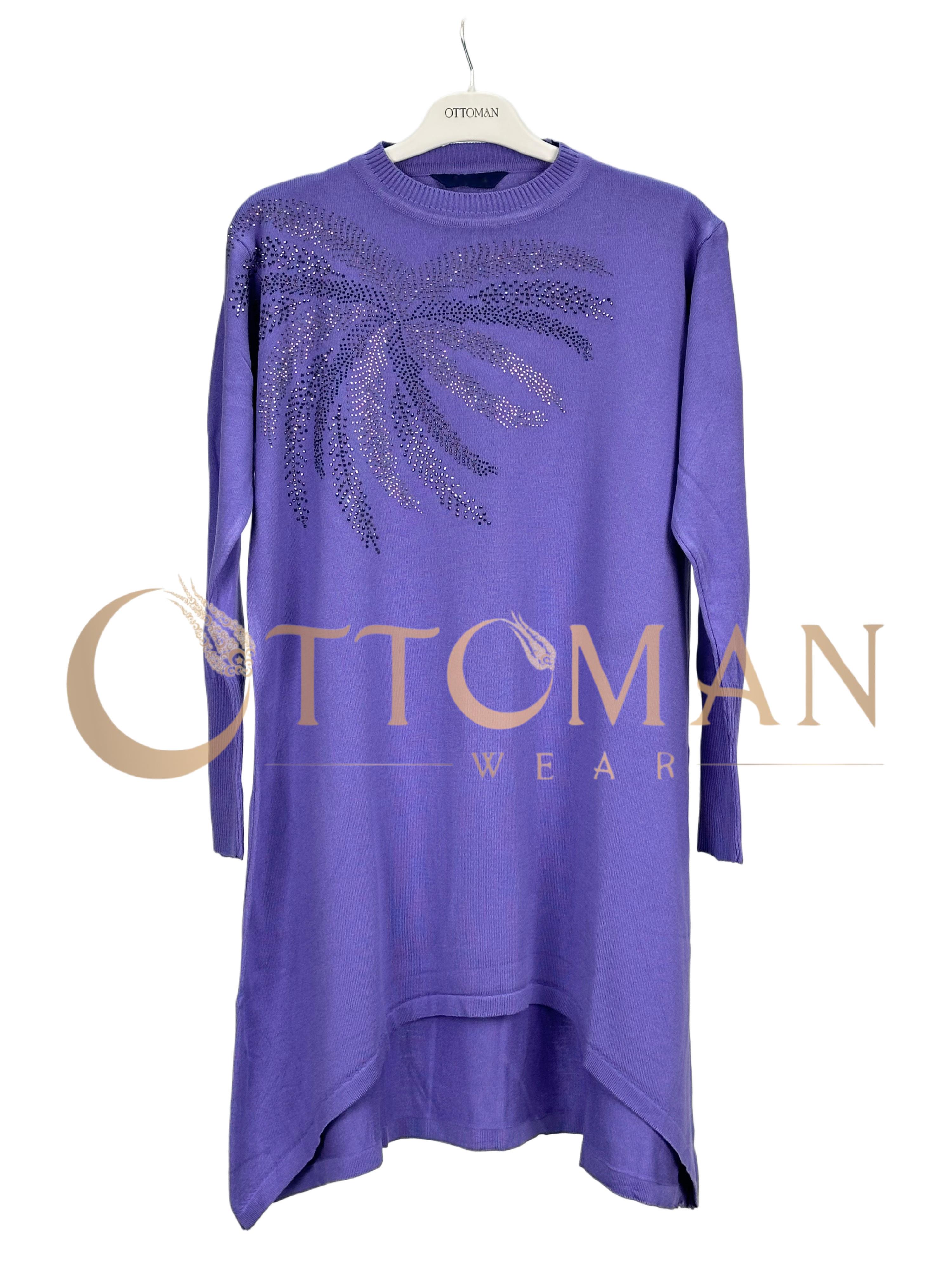 Taş İşlemeli Merserize Triko Tunik Mor OTW884-1