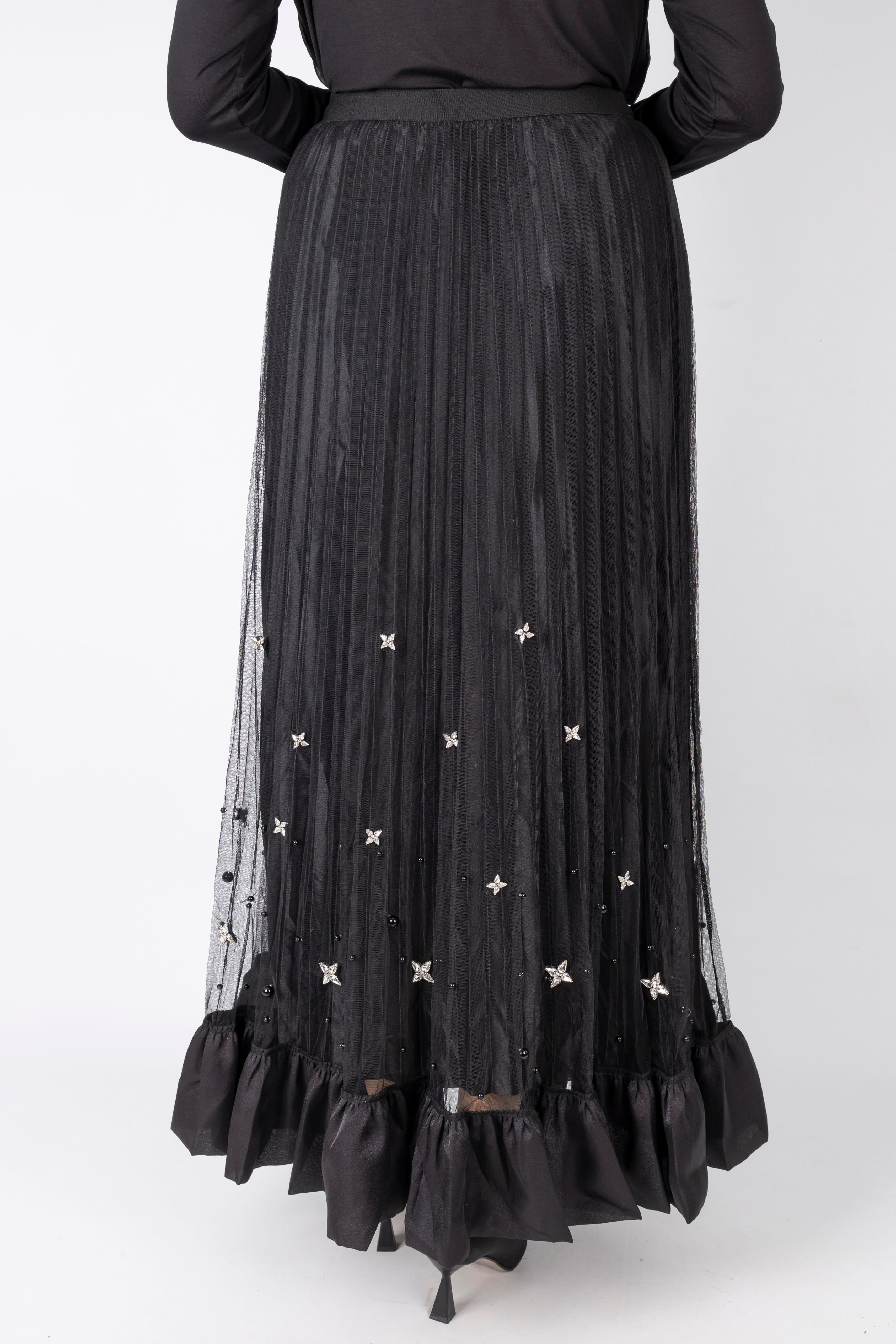 Taş İşlemeli Piliseli Etek Siyah OTW622