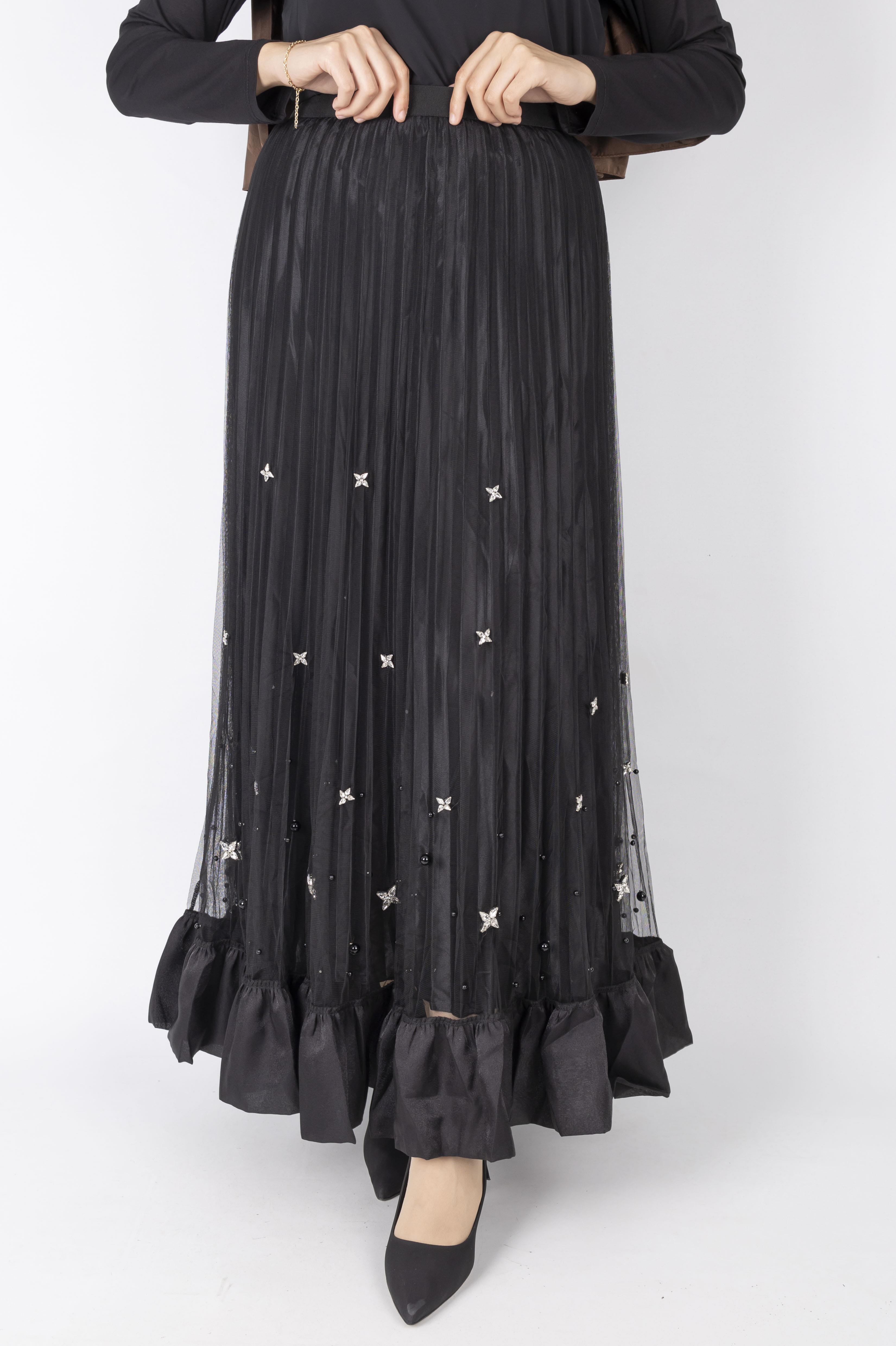 Taş İşlemeli Piliseli Etek Siyah OTW622