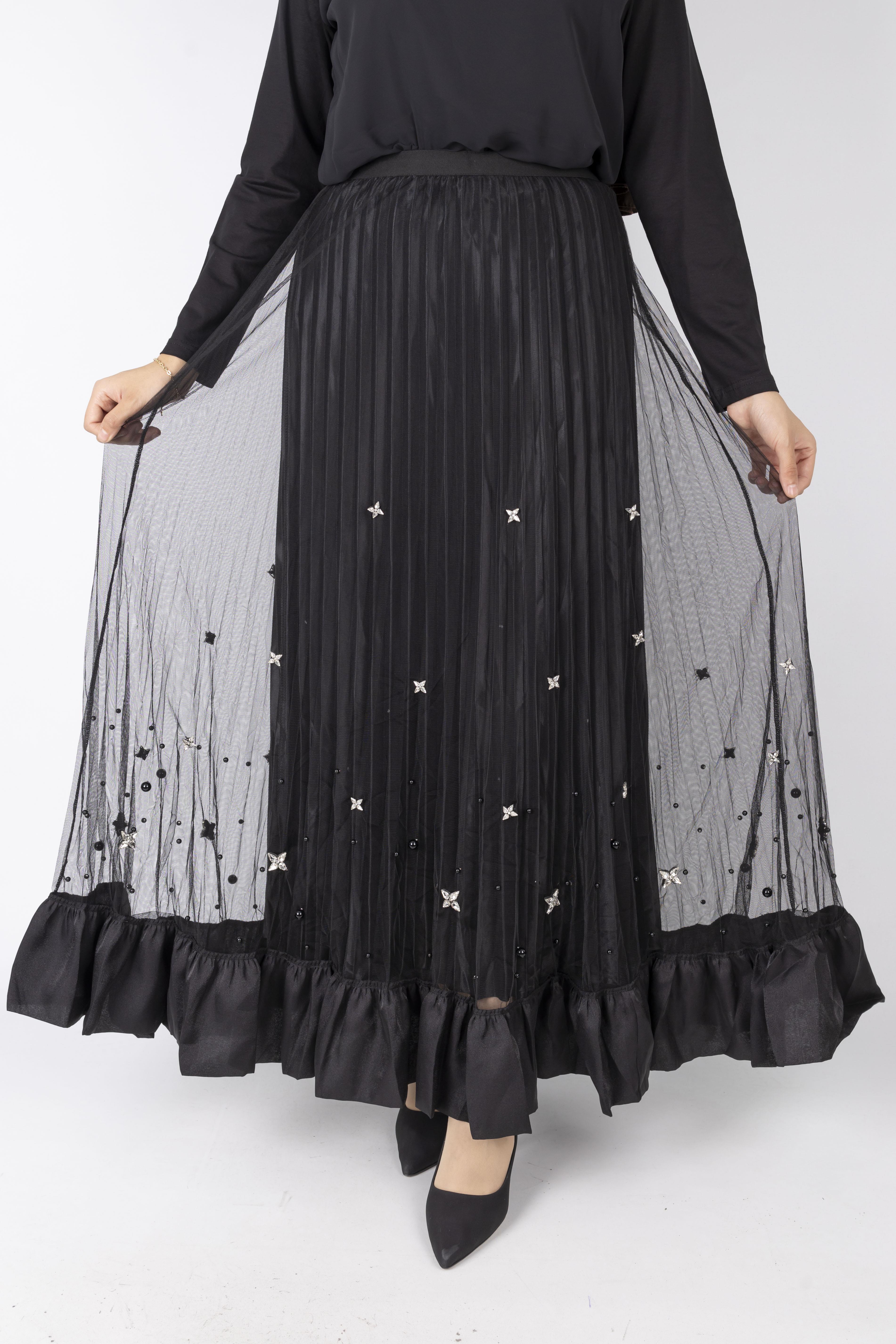 Taş İşlemeli Piliseli Etek Siyah OTW622