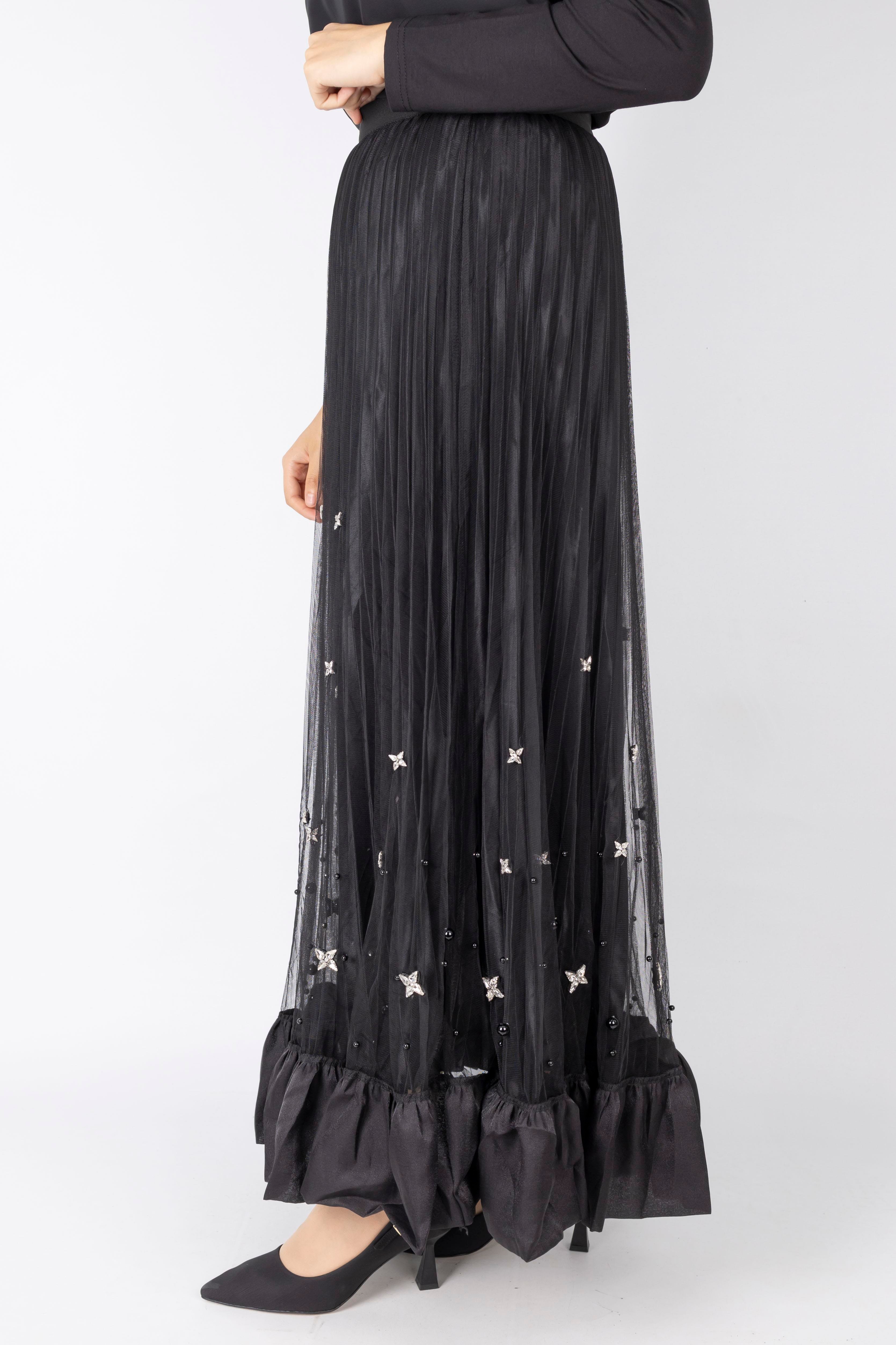 Taş İşlemeli Piliseli Etek Siyah OTW622