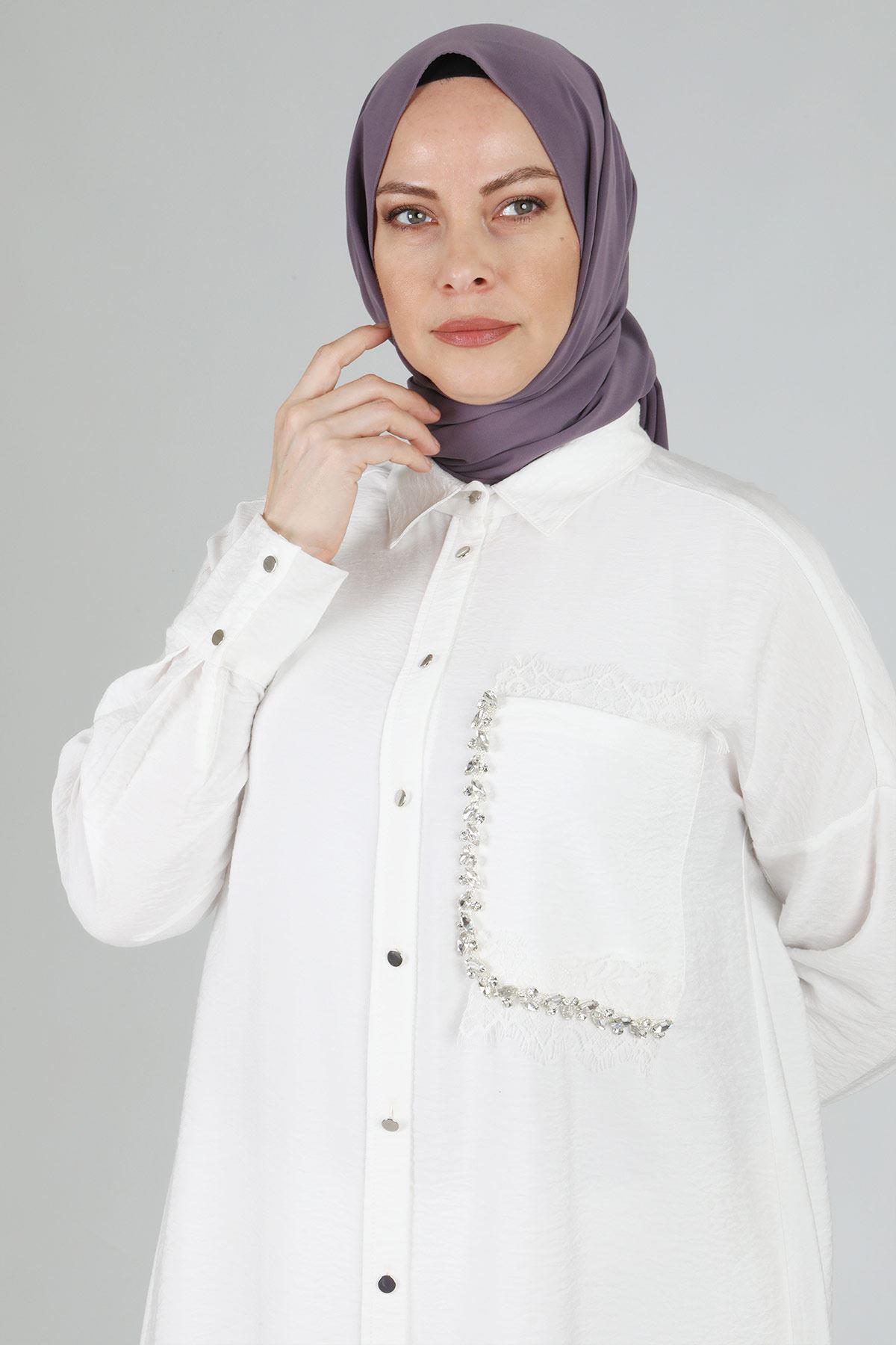 Taş İşlemeli Tunik Beyaz OTW23022