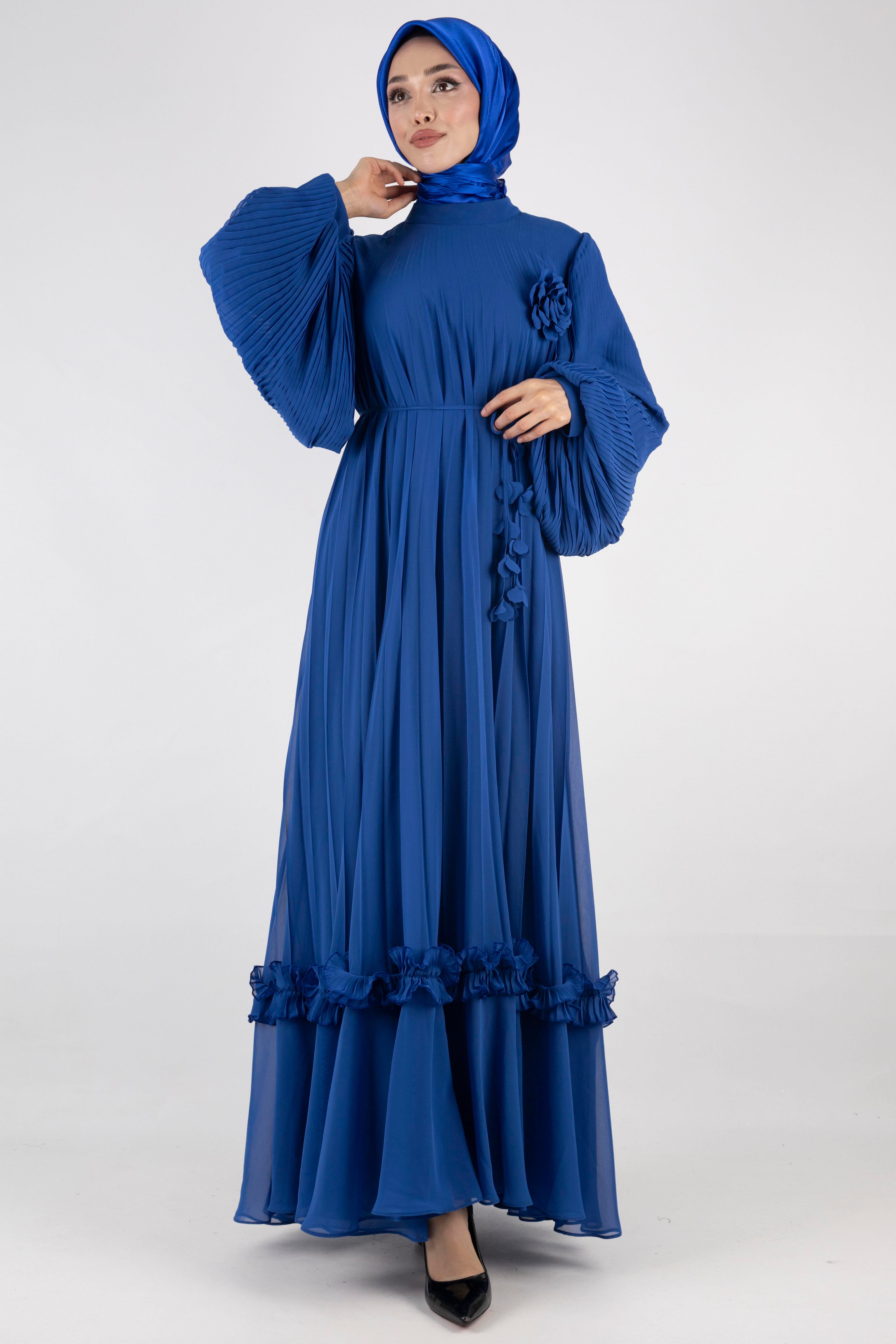 TASARIM BÜYÜK BEDEN  PİLİSELİ ŞİFON ELBİSE Saks OTW44136