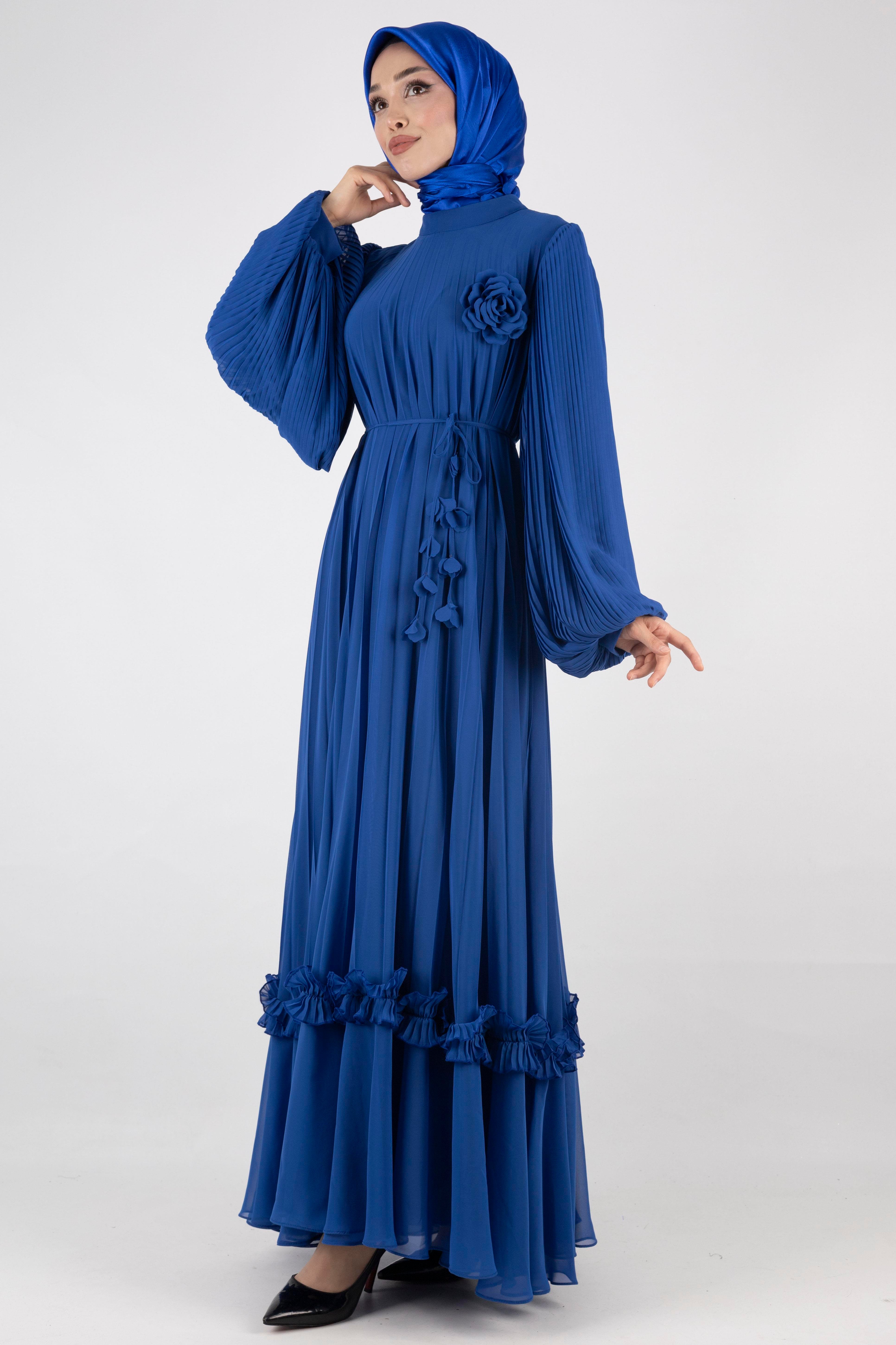 TASARIM BÜYÜK BEDEN  PİLİSELİ ŞİFON ELBİSE Saks OTW44136