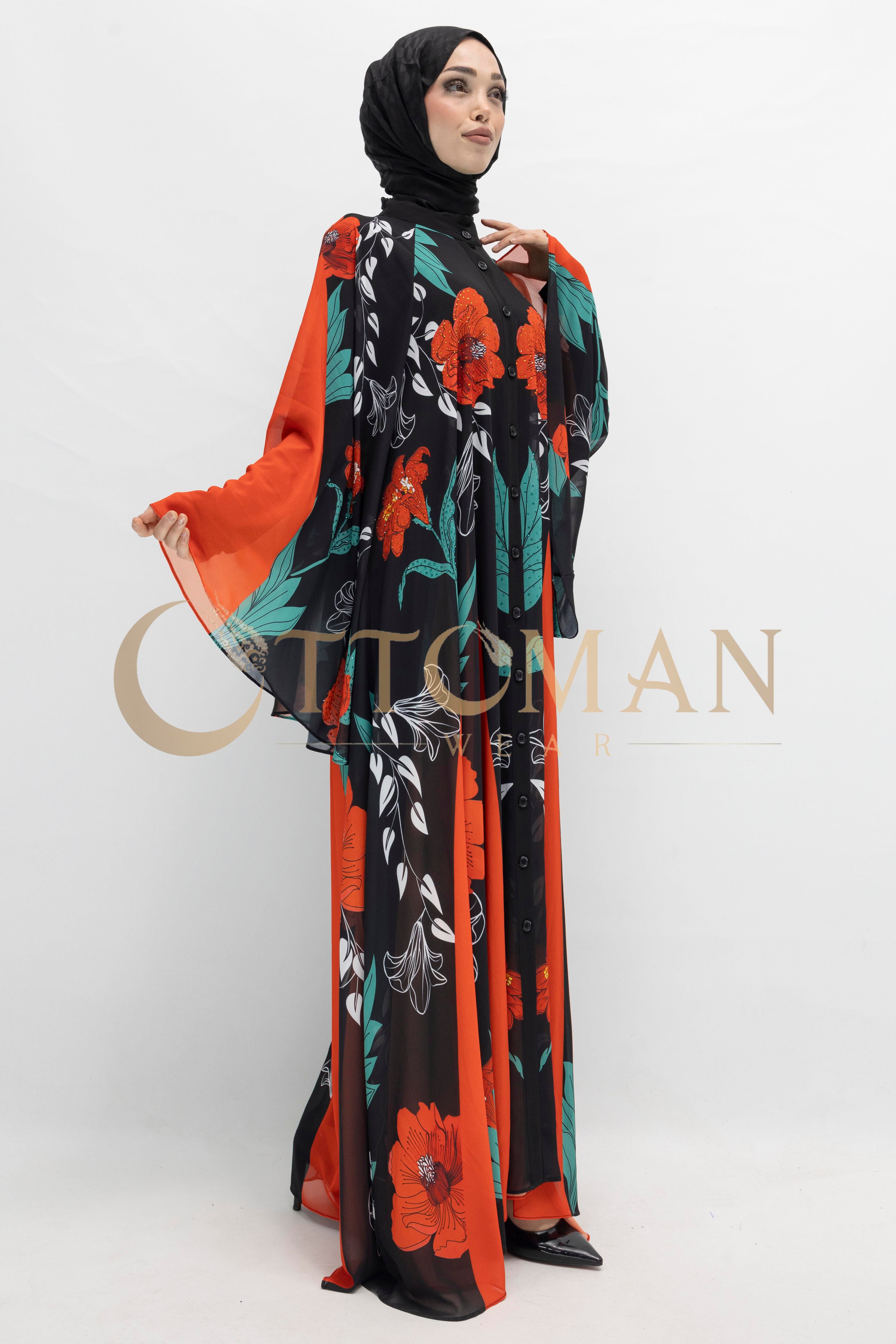 Tasarım Desenli Taşlı Şifon Elbise - Şık ve Hafif Abiye Model Siyah-Kırmızı OTW430