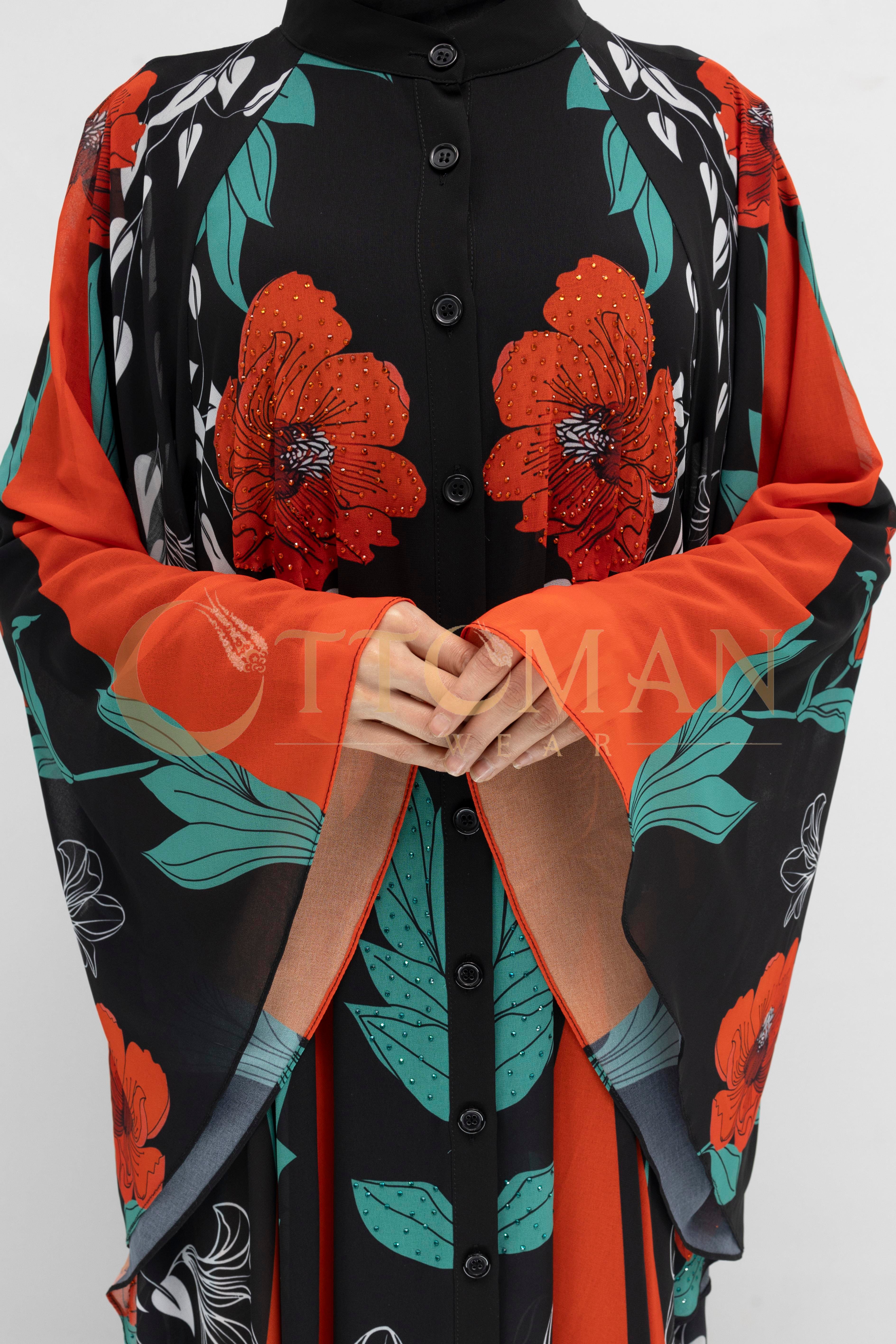 Tasarım Desenli Taşlı Şifon Elbise - Şık ve Hafif Abiye Model Siyah-Kırmızı OTW430