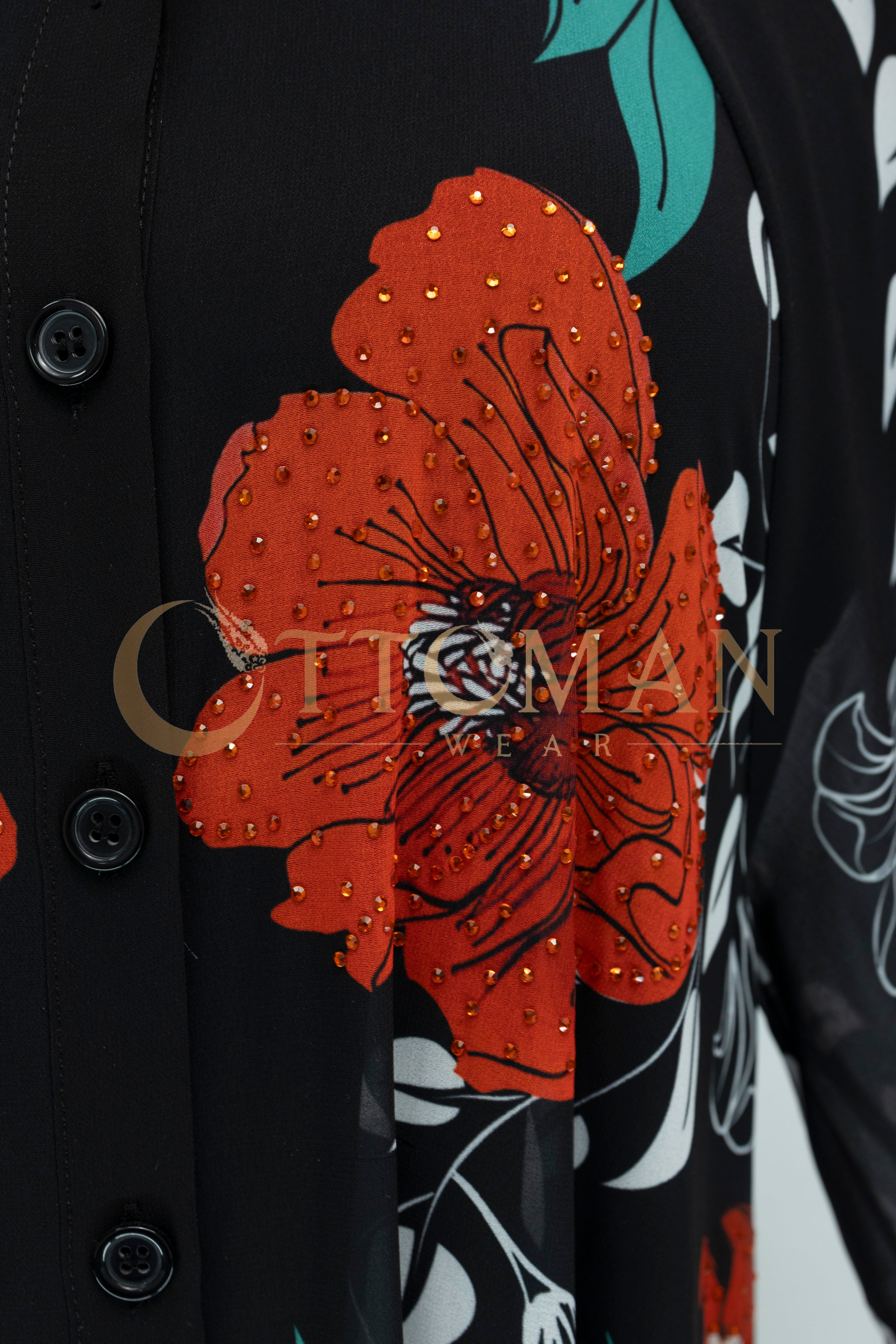 Tasarım Desenli Taşlı Şifon Elbise - Şık ve Hafif Abiye Model Siyah-Kırmızı OTW430