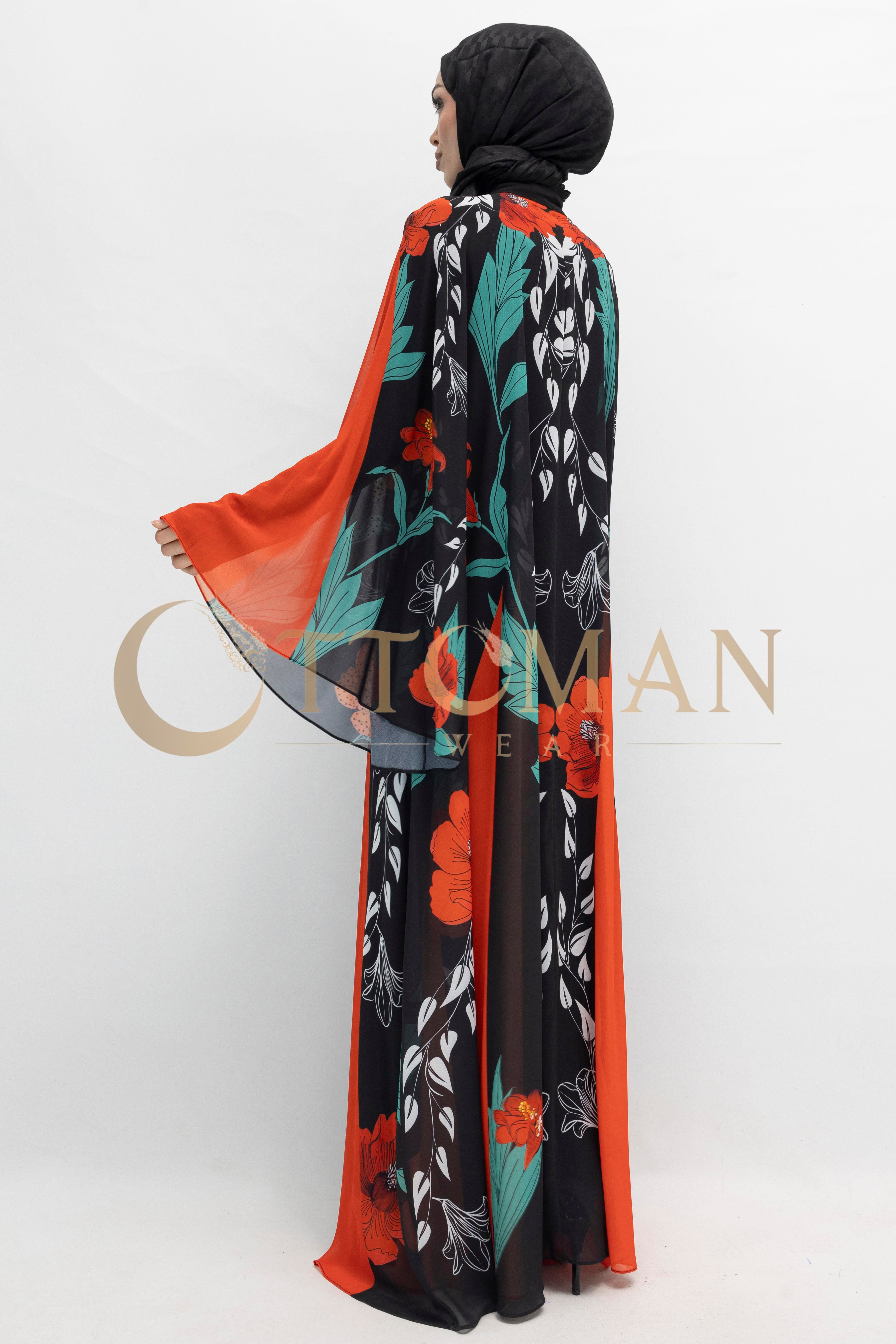 Tasarım Desenli Taşlı Şifon Elbise - Şık ve Hafif Abiye Model Siyah-Kırmızı OTW430