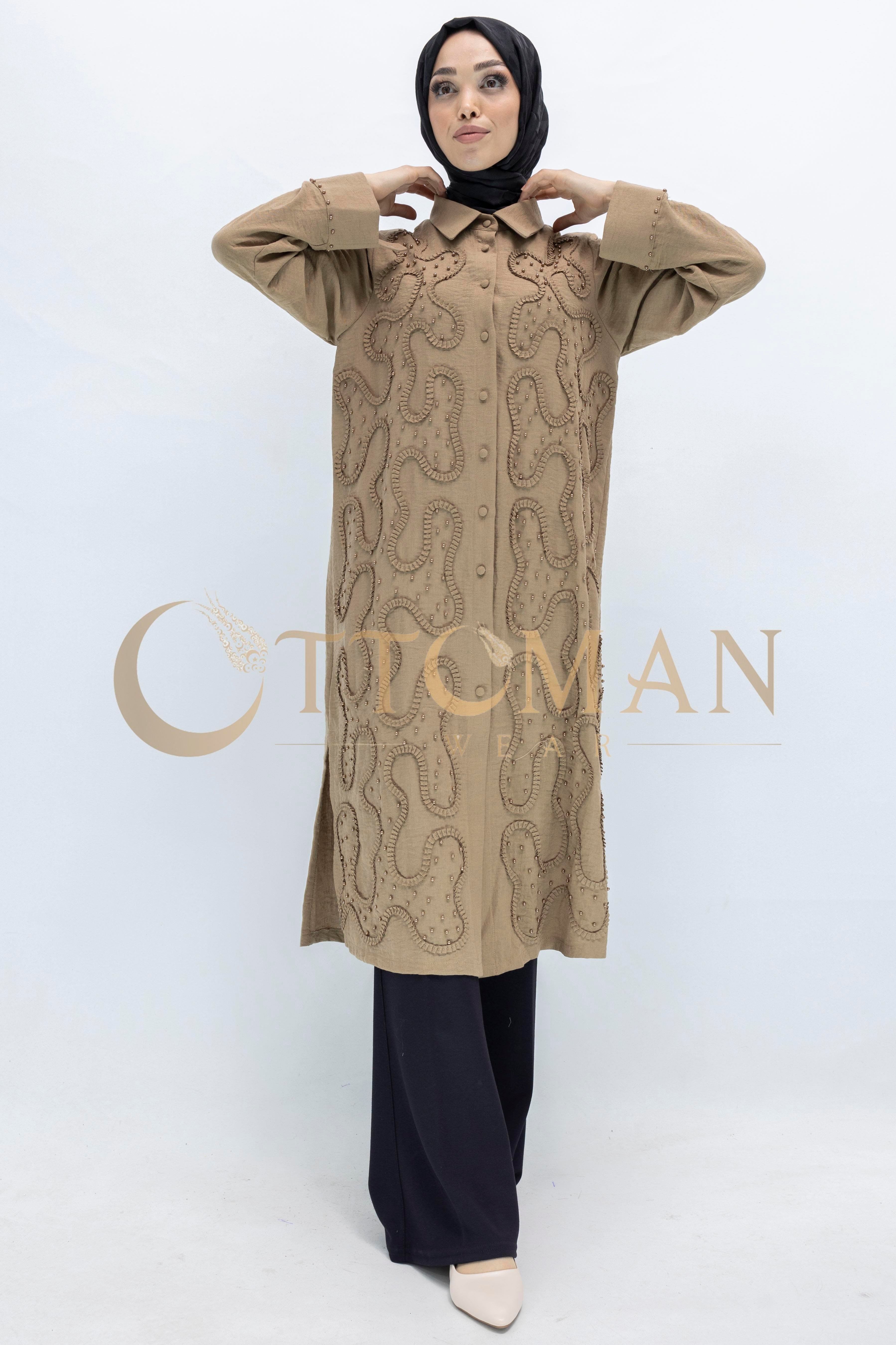 Tasarım  Kabartma Desenli Büyük Beden Tunik Vizon OTW44416