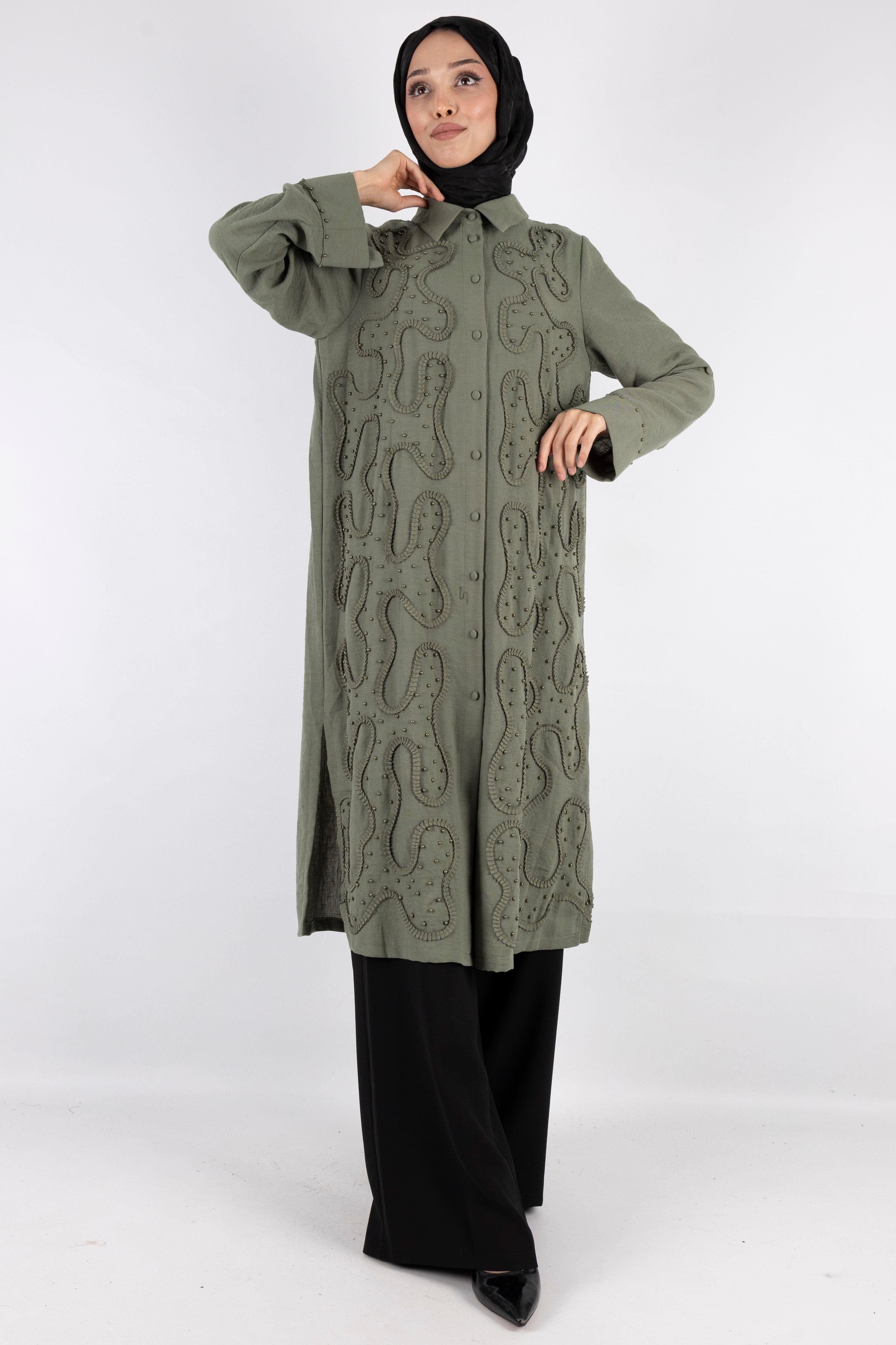 Tasarım  Kabartma Desenli Büyük Beden Tunik Yeşil OTW44416