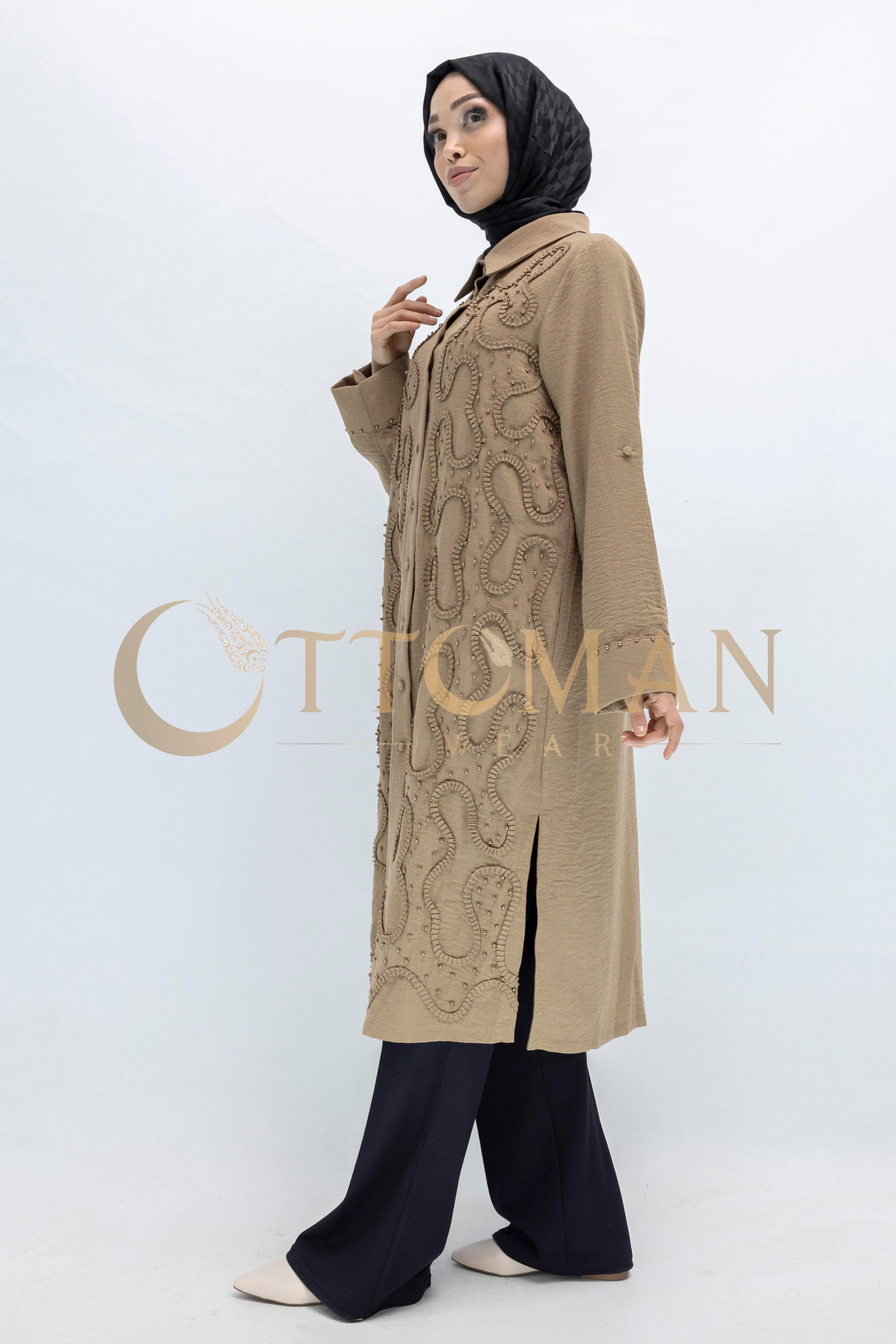 Tasarım  Kabartma Desenli Büyük Beden Tunik Vizon OTW44416