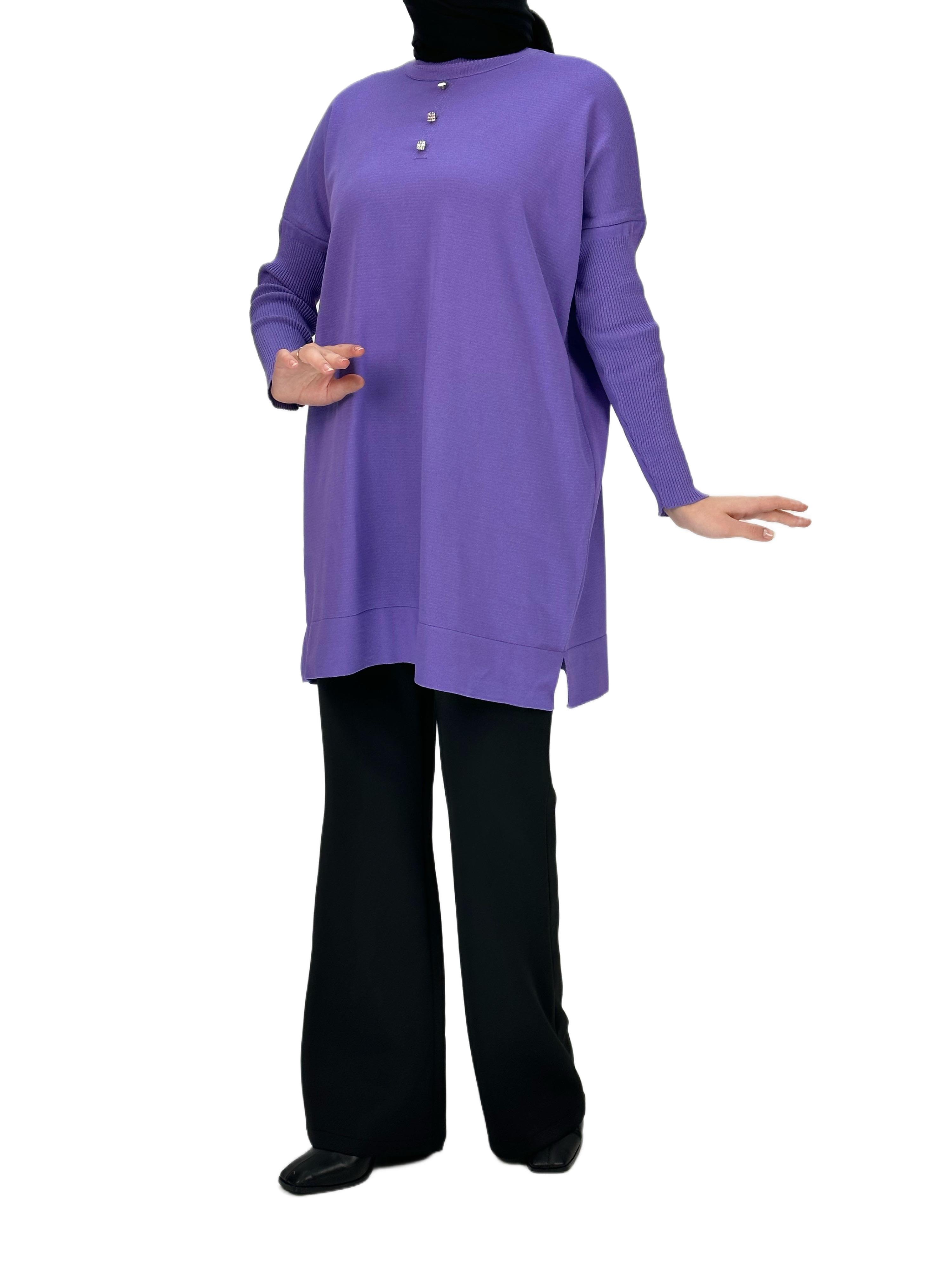 Taşlı Düğmeli Merserize Triko Tunik Lila OTW153