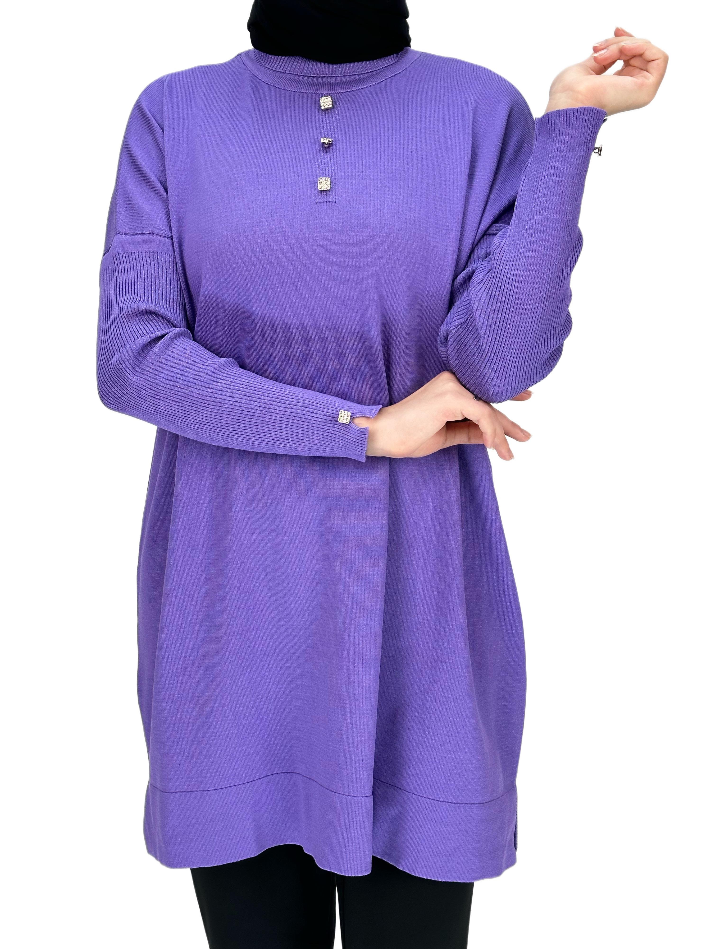 Taşlı Düğmeli Merserize Triko Tunik Lila OTW153