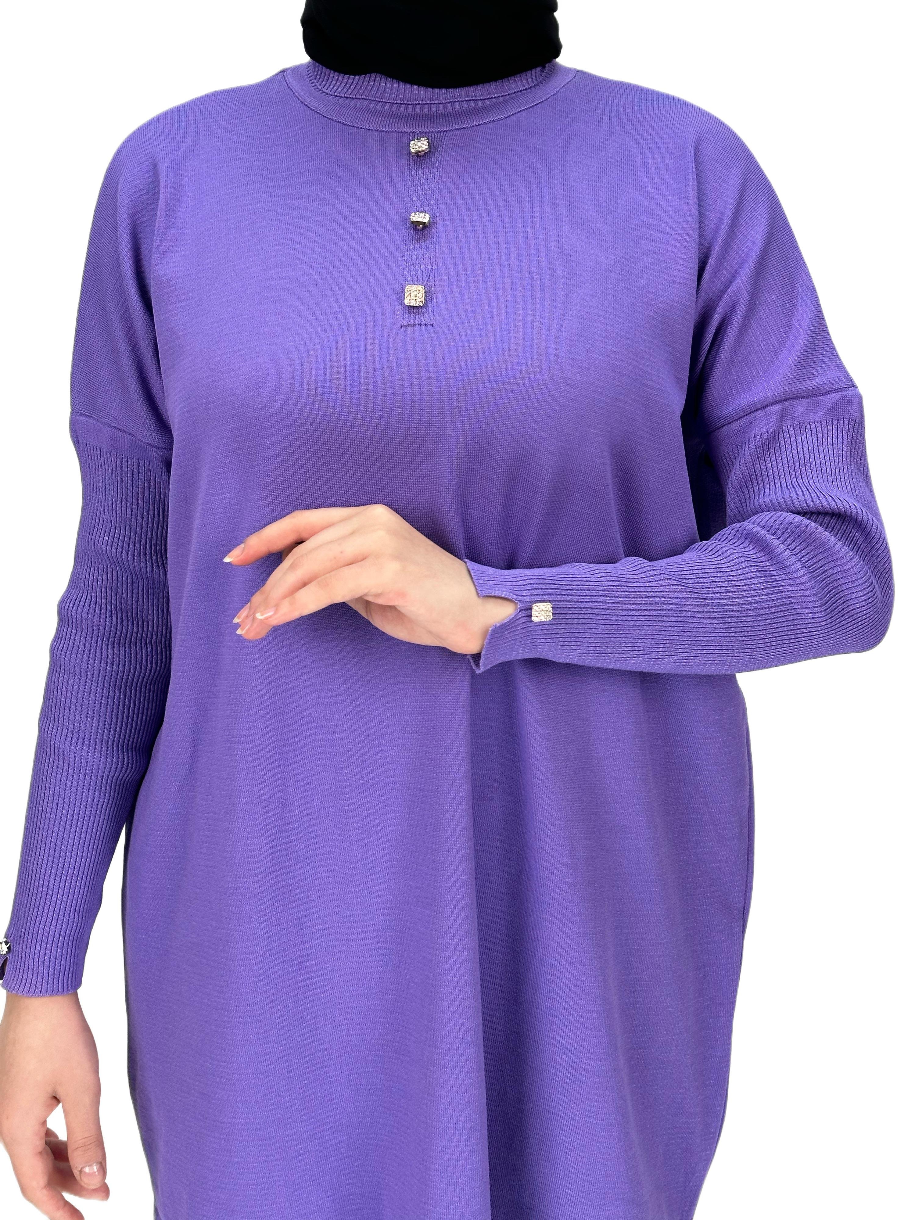 Taşlı Düğmeli Merserize Triko Tunik Lila OTW153