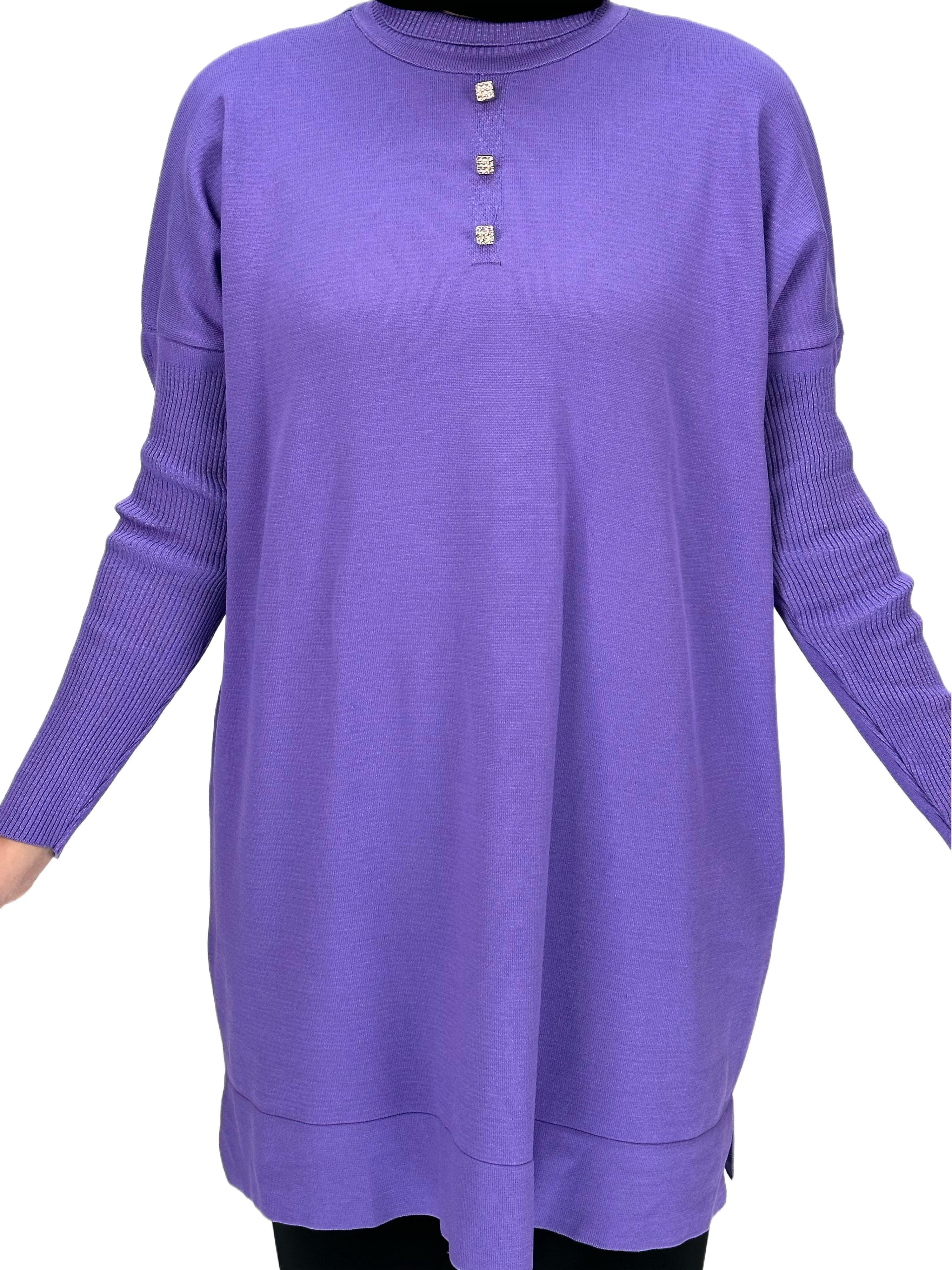 Taşlı Düğmeli Merserize Triko Tunik Lila OTW153