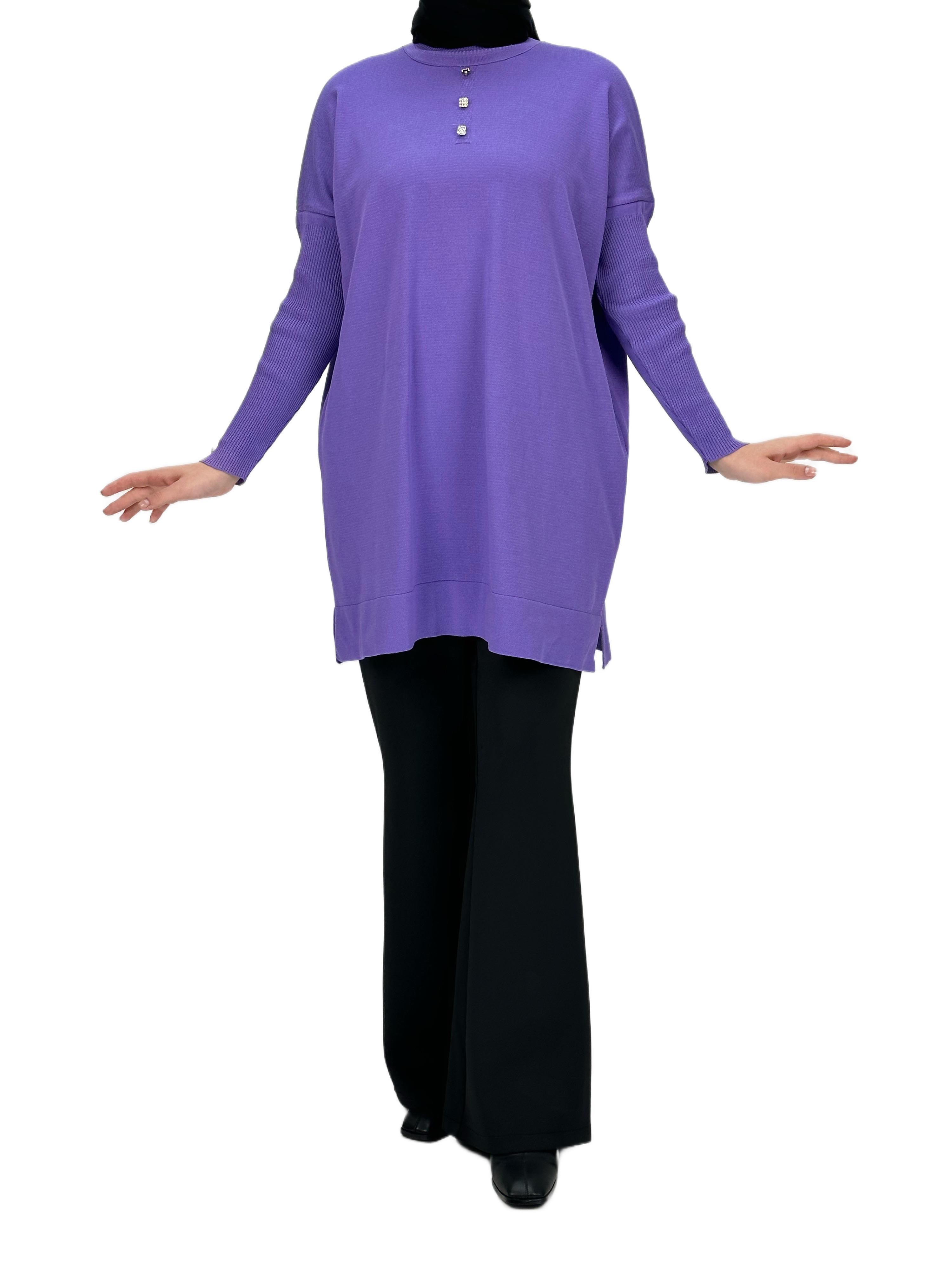 Taşlı Düğmeli Merserize Triko Tunik Lila OTW153
