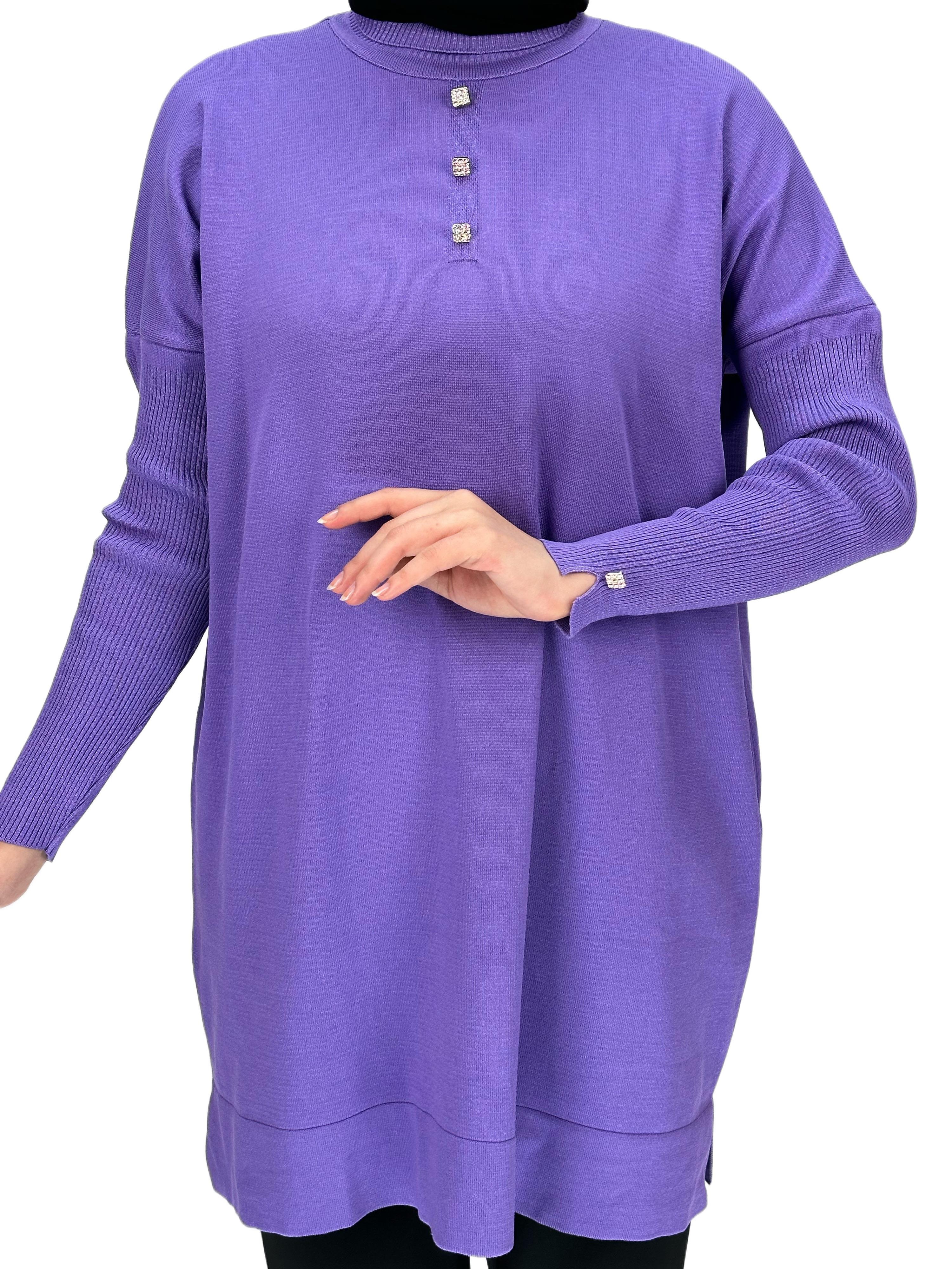 Taşlı Düğmeli Merserize Triko Tunik Lila OTW153