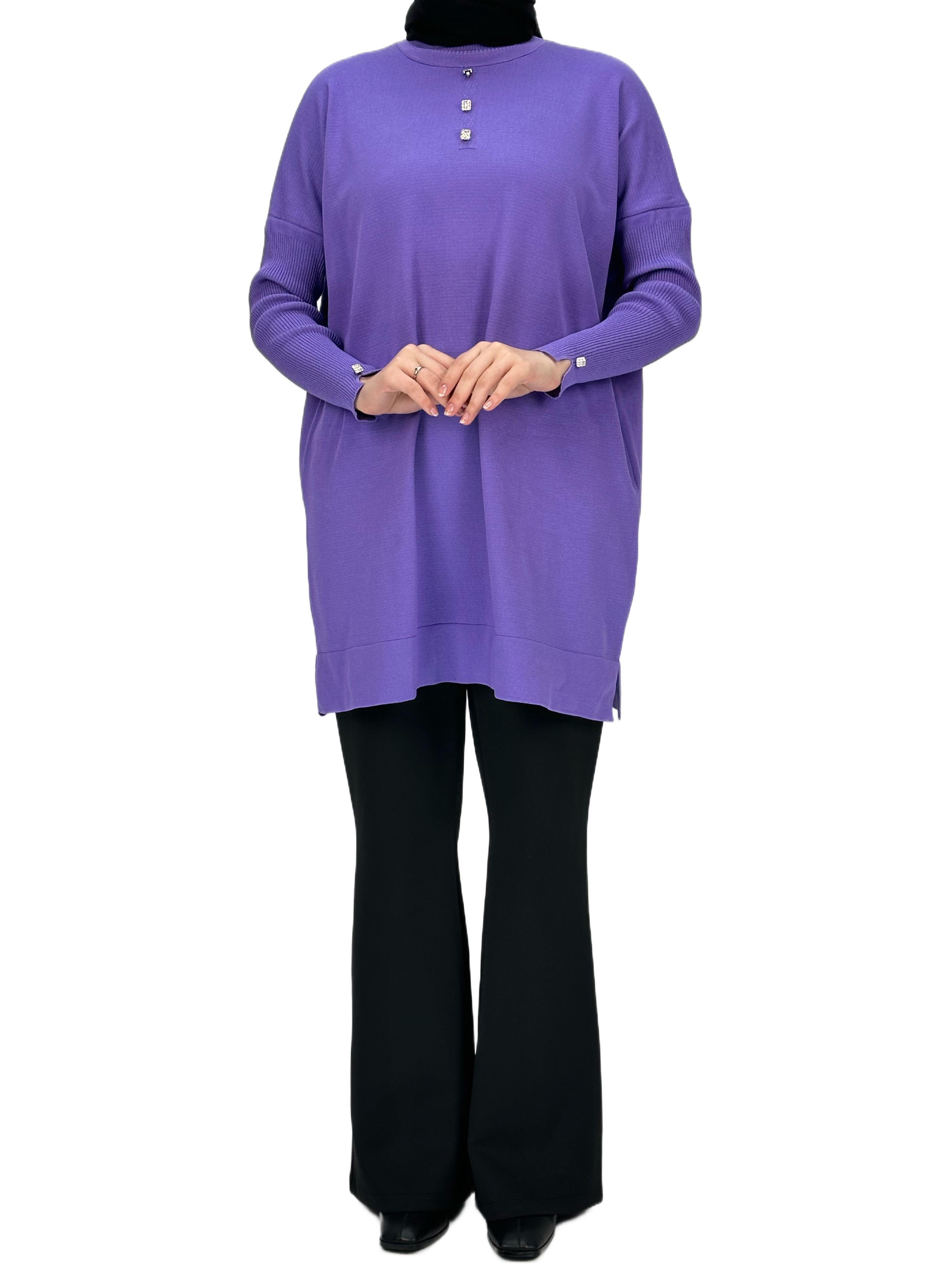 Taşlı Düğmeli Merserize Triko Tunik Lila OTW153