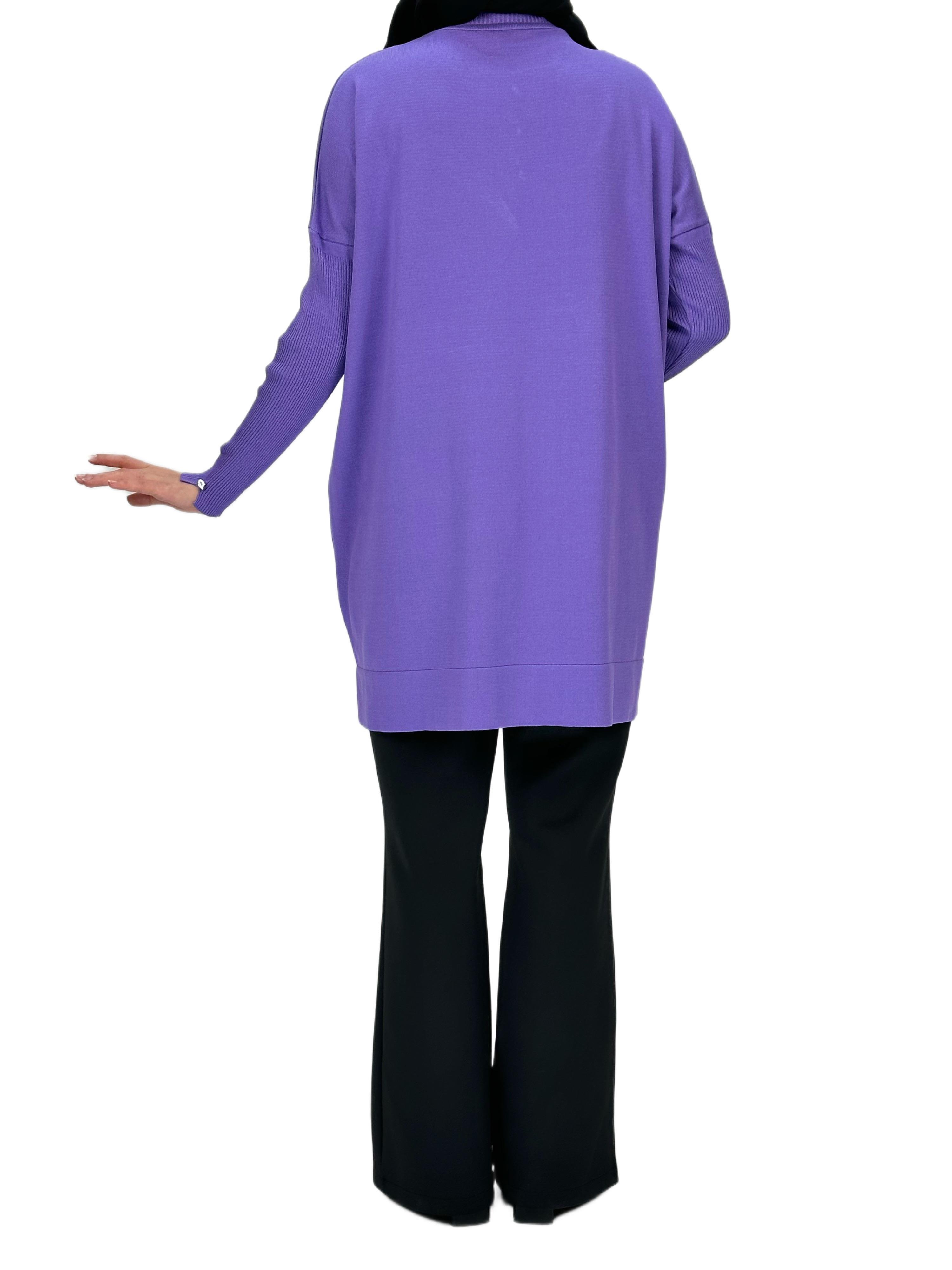 Taşlı Düğmeli Merserize Triko Tunik Lila OTW153