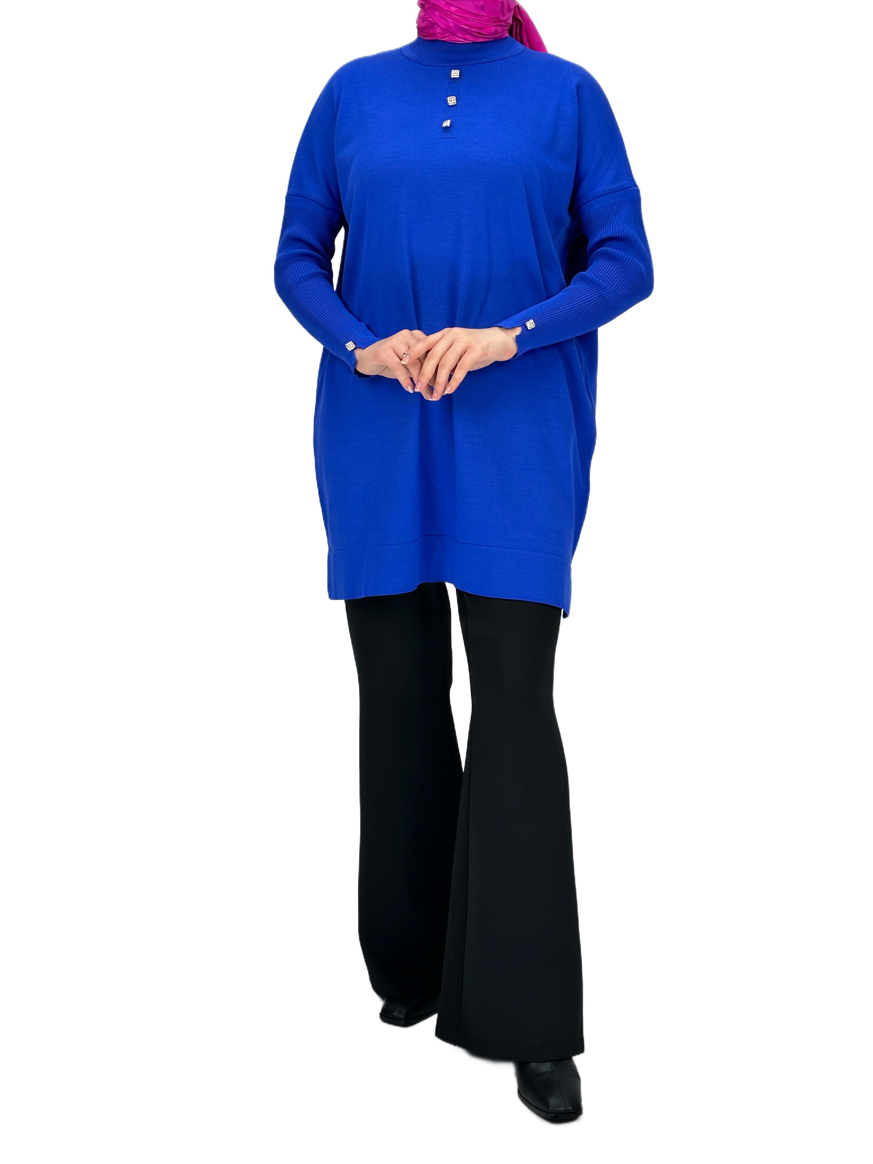 Taşlı Düğmeli Merserize Triko Tunik Saks OTW153