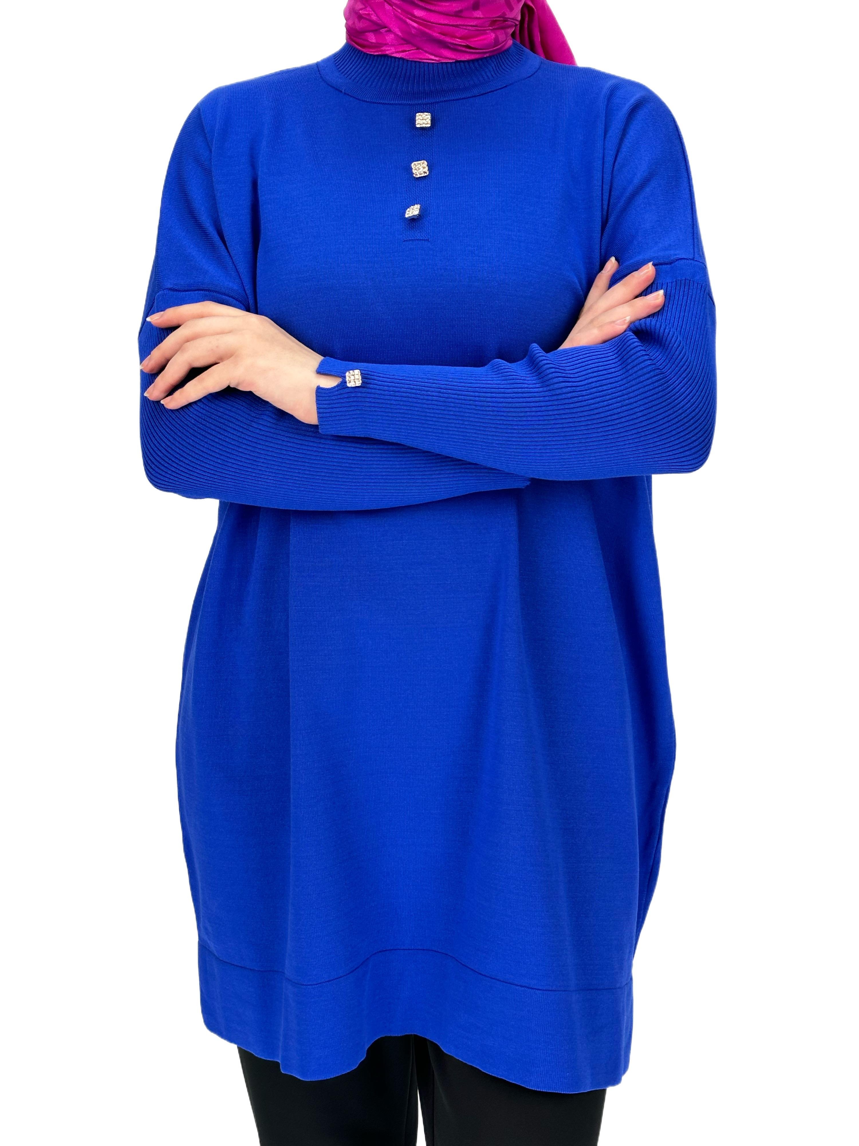 Taşlı Düğmeli Merserize Triko Tunik Saks OTW153