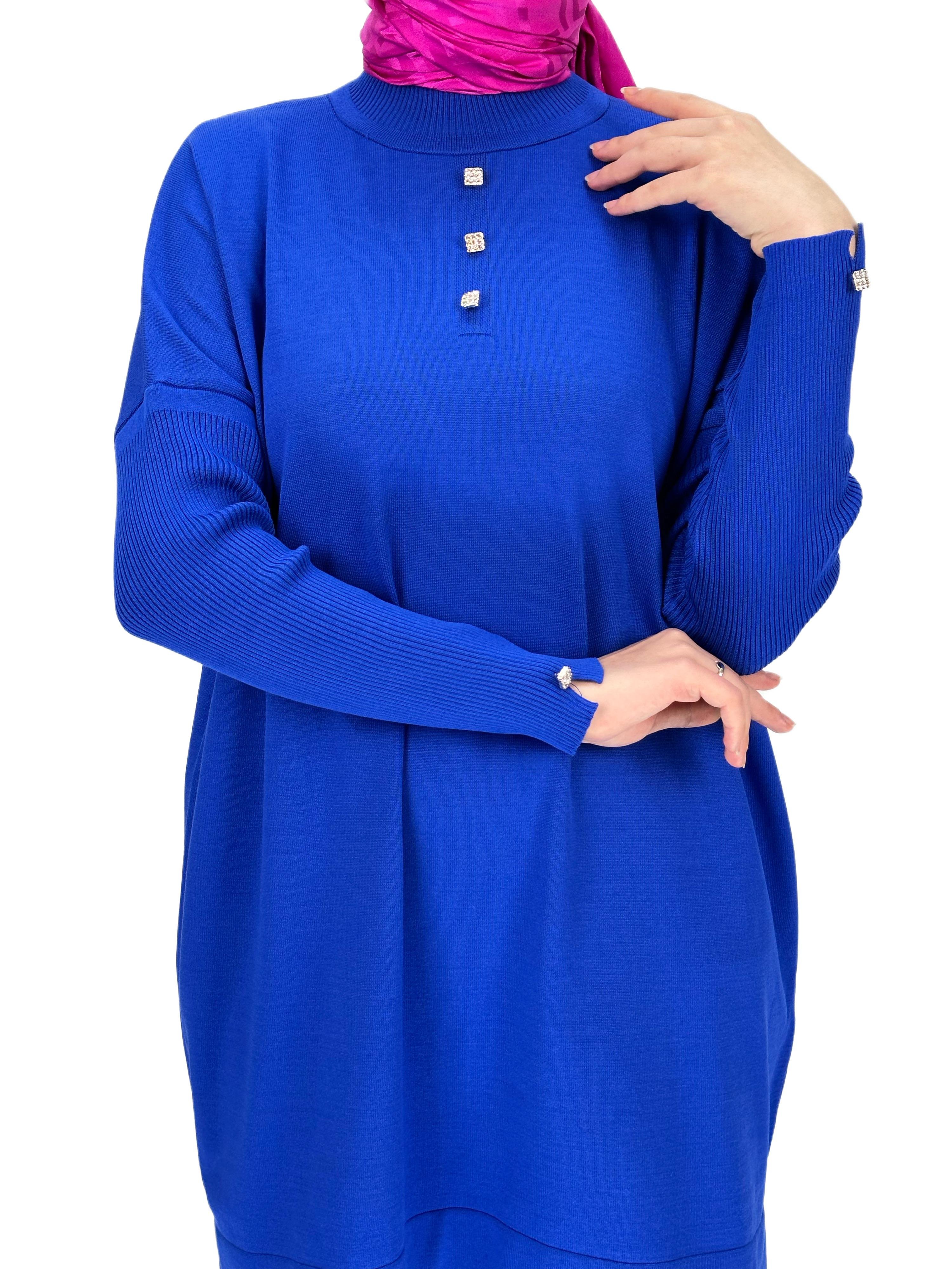 Taşlı Düğmeli Merserize Triko Tunik Saks OTW153