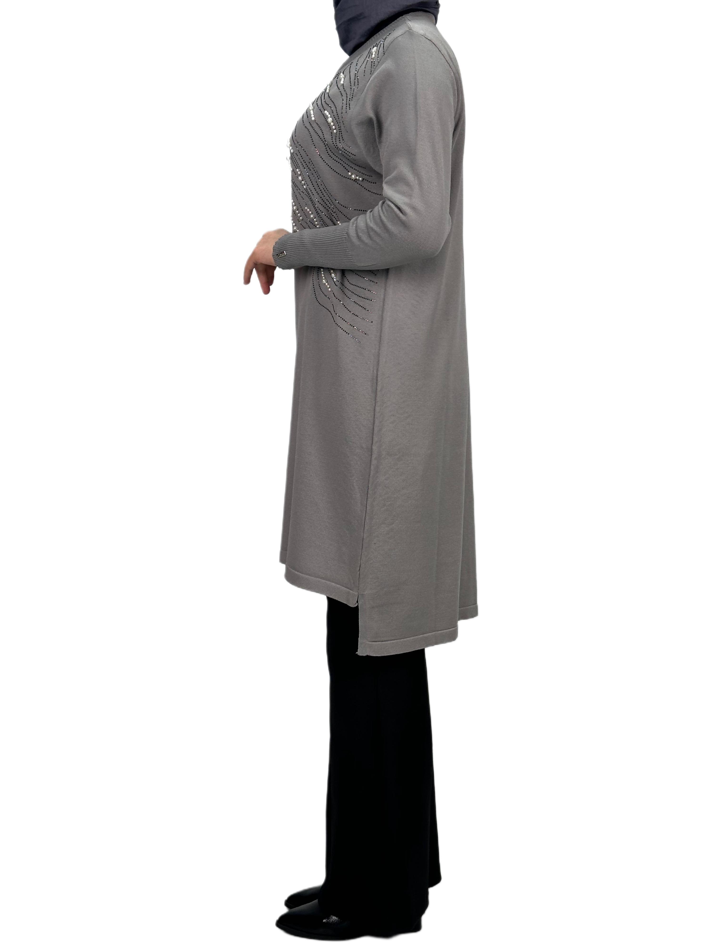 Taşlı Merserize Triko Tunik Gri OTW121