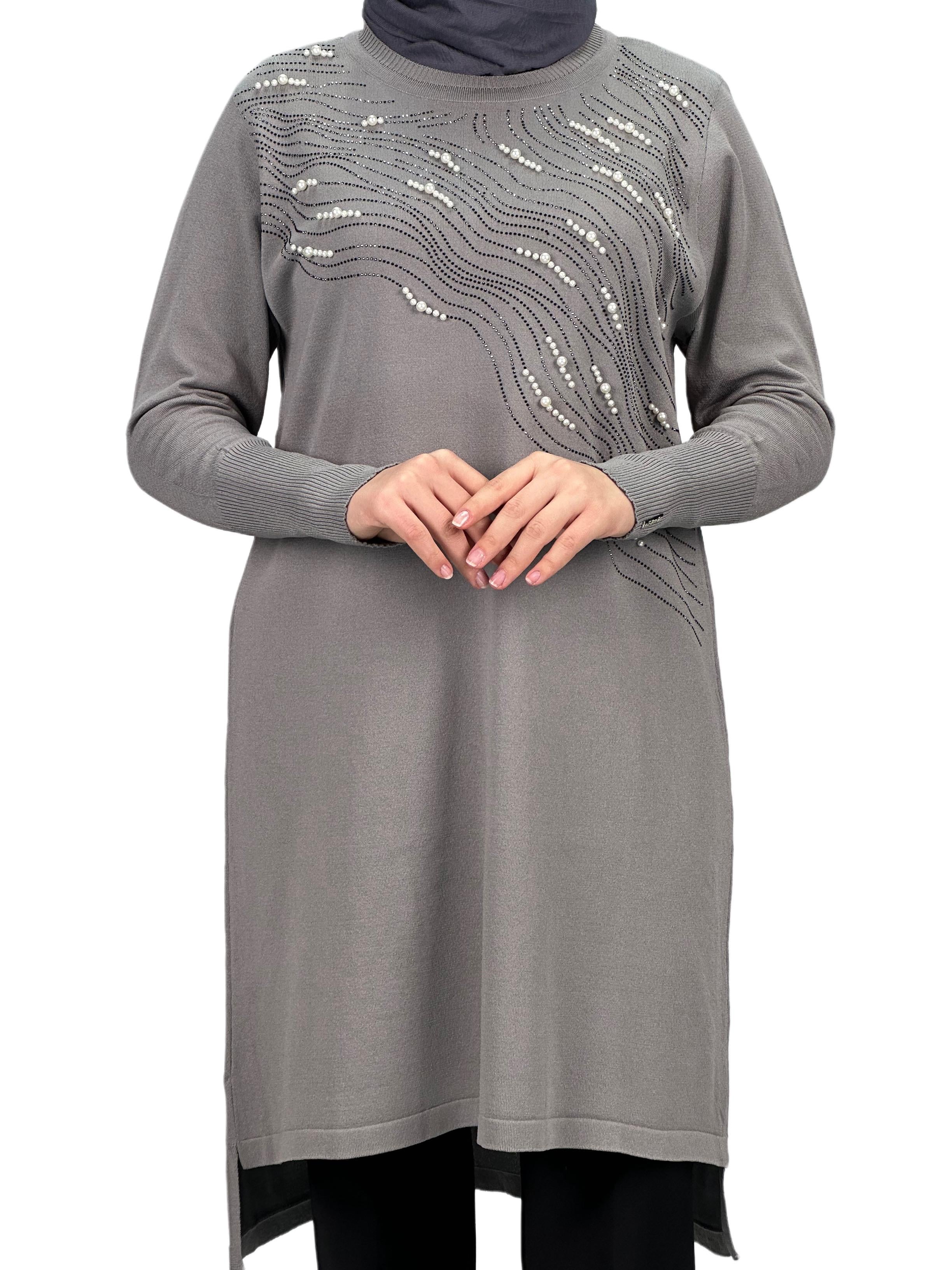 Taşlı Merserize Triko Tunik Gri OTW121