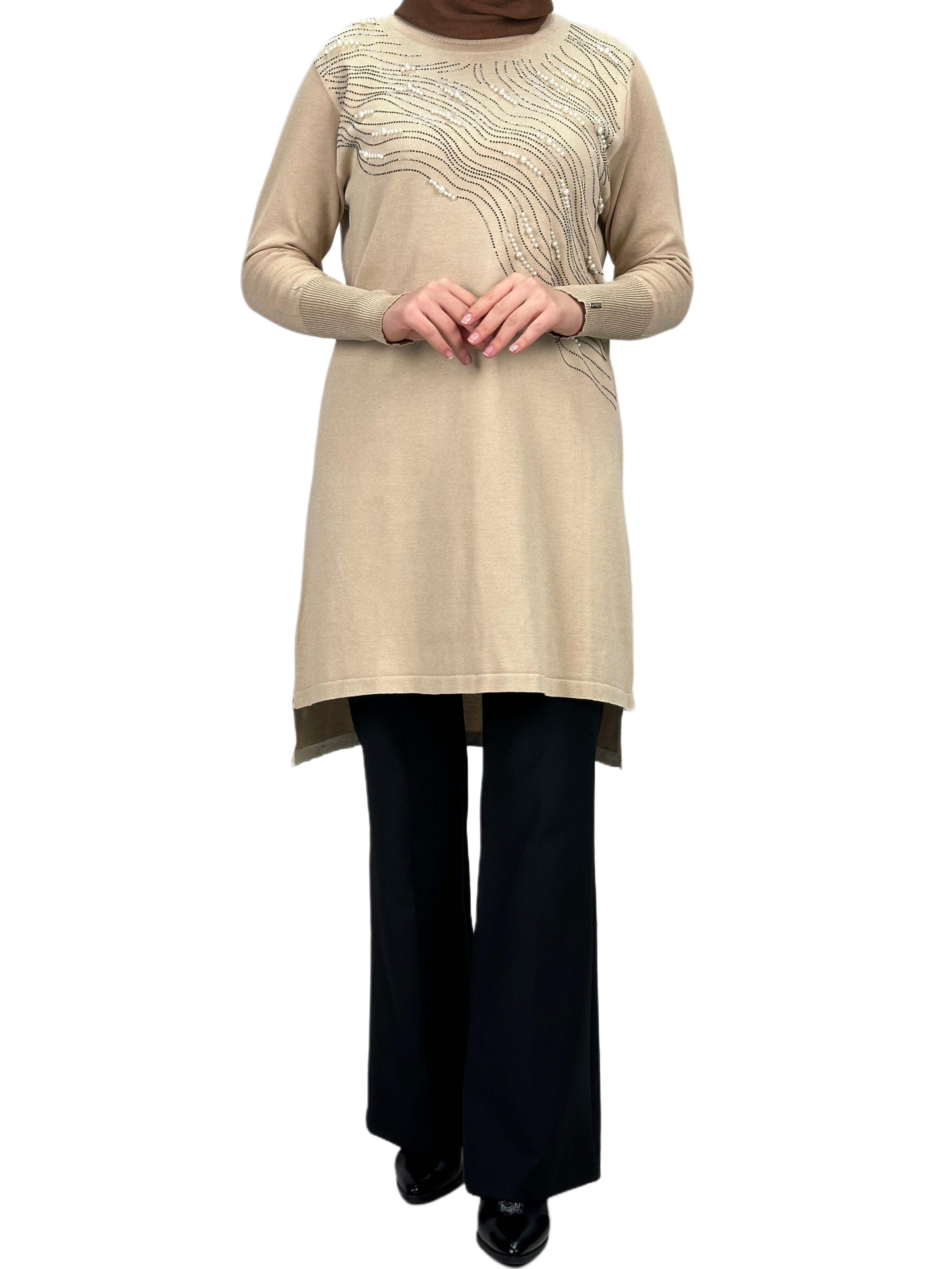 Taşlı Merserize Triko Tunik Krem OTW121