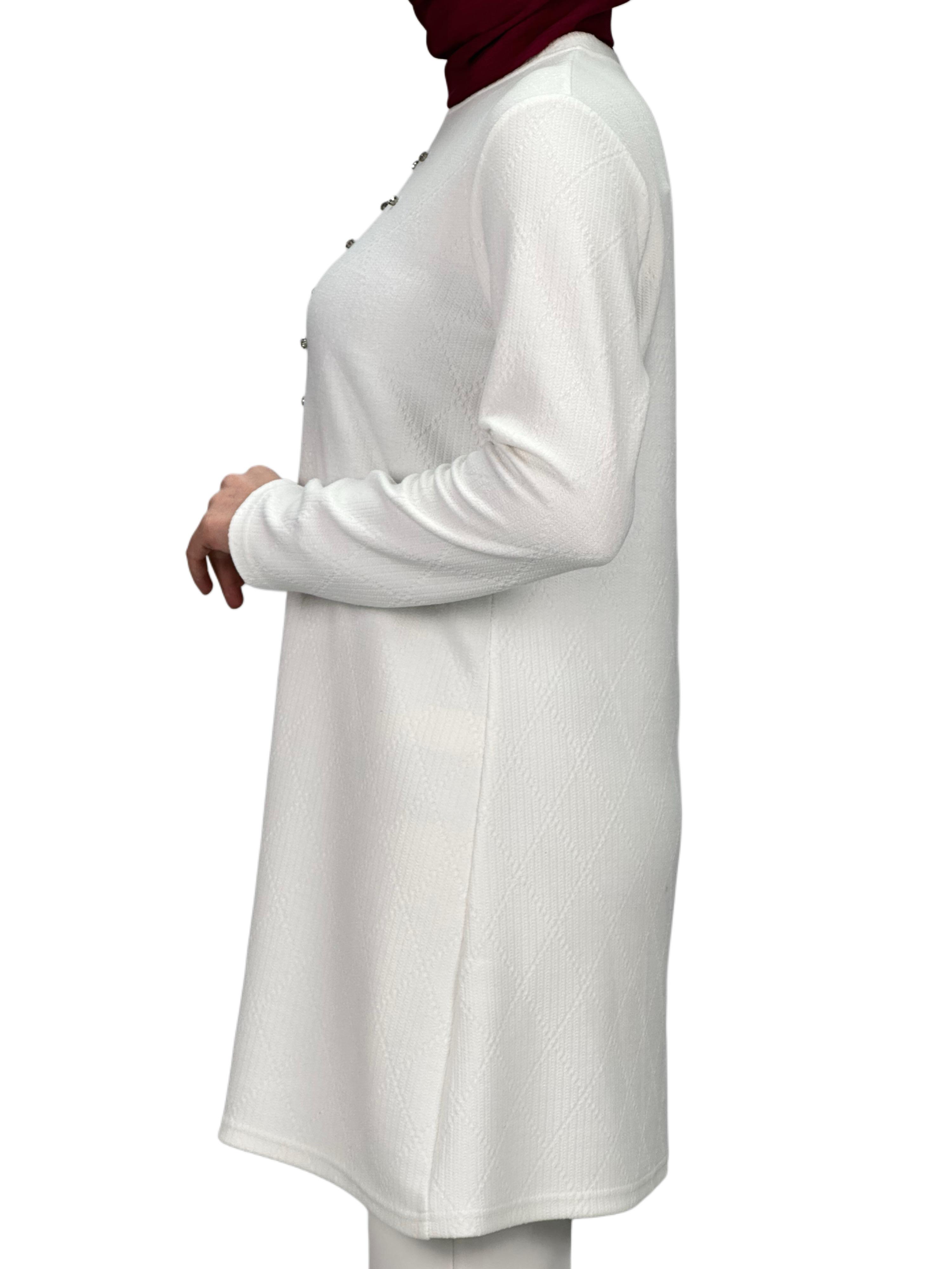 Taşlı Uzun Kollu İçlik Tunik Ekru OTW2121