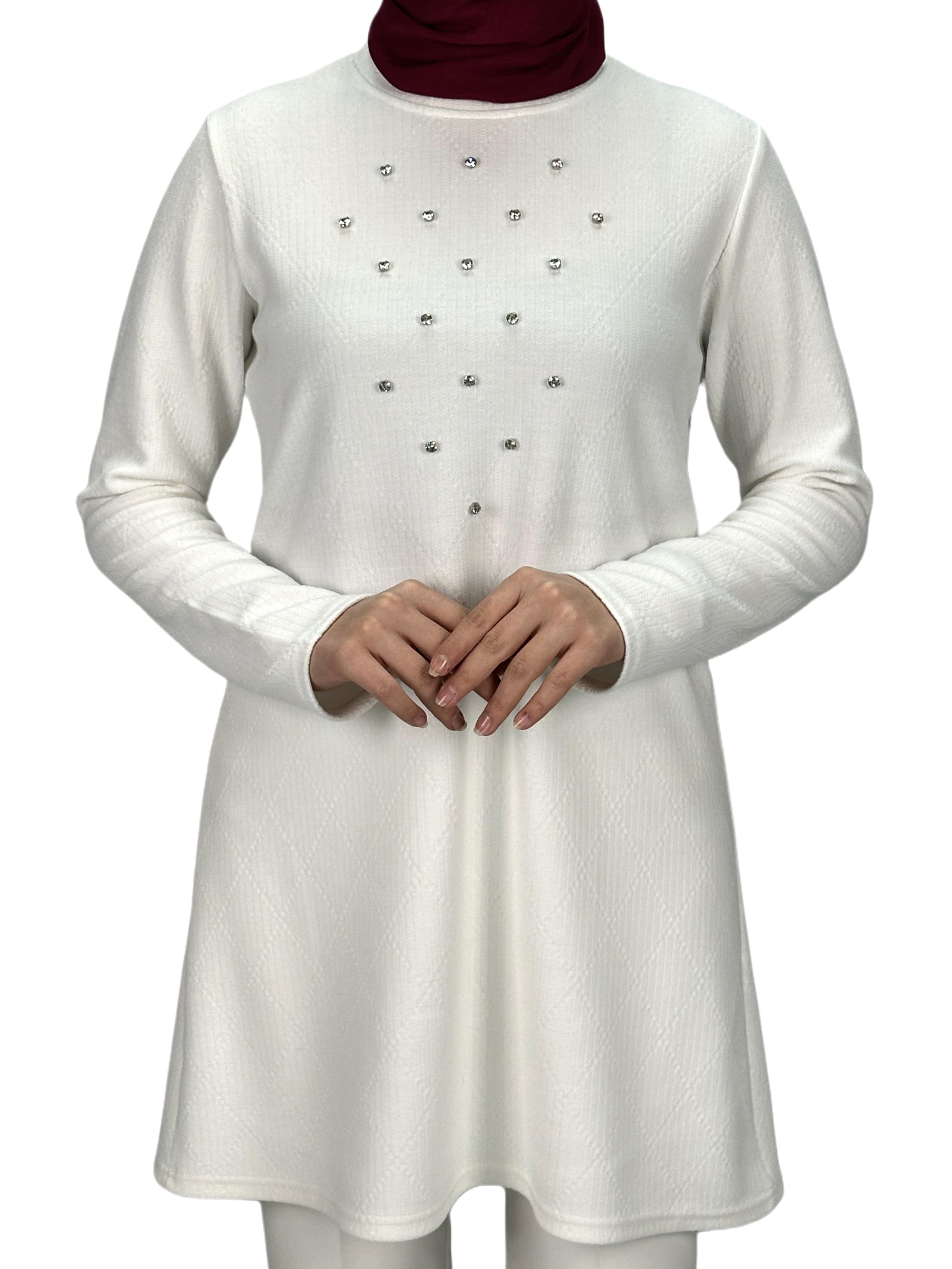 Taşlı Uzun Kollu İçlik Tunik Ekru OTW2121