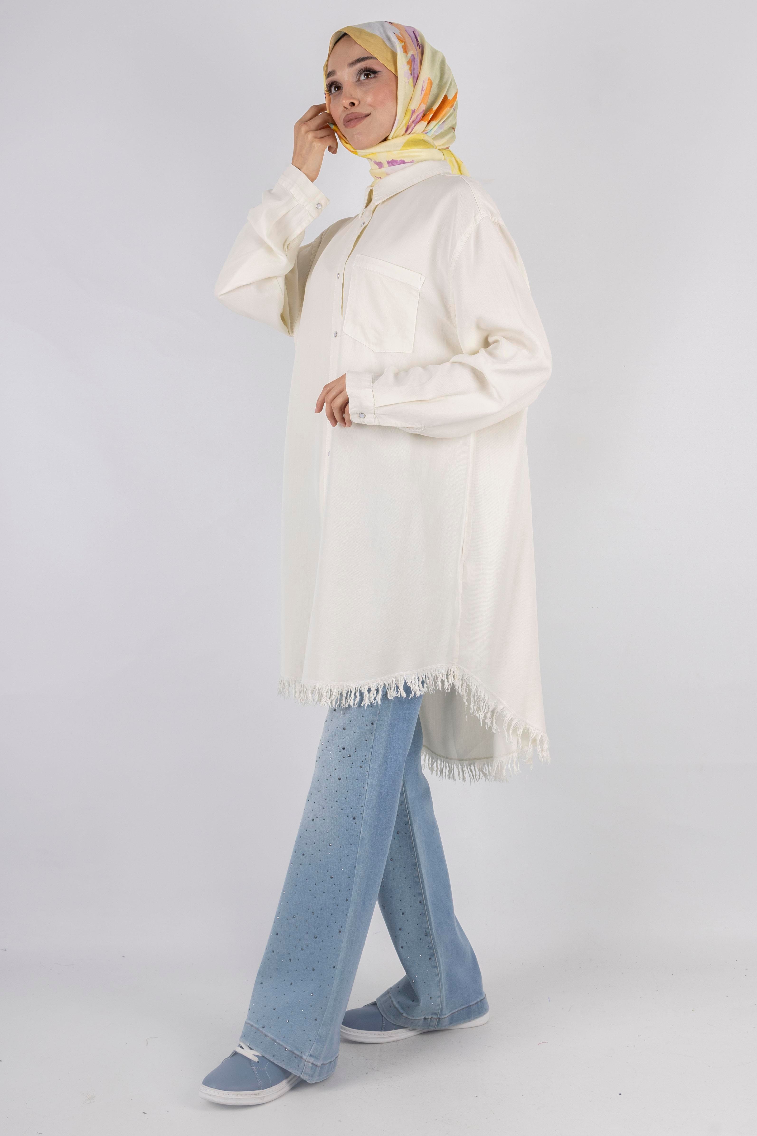 Tensel Kot Tesettür Gömlek Beyaz OTW7236